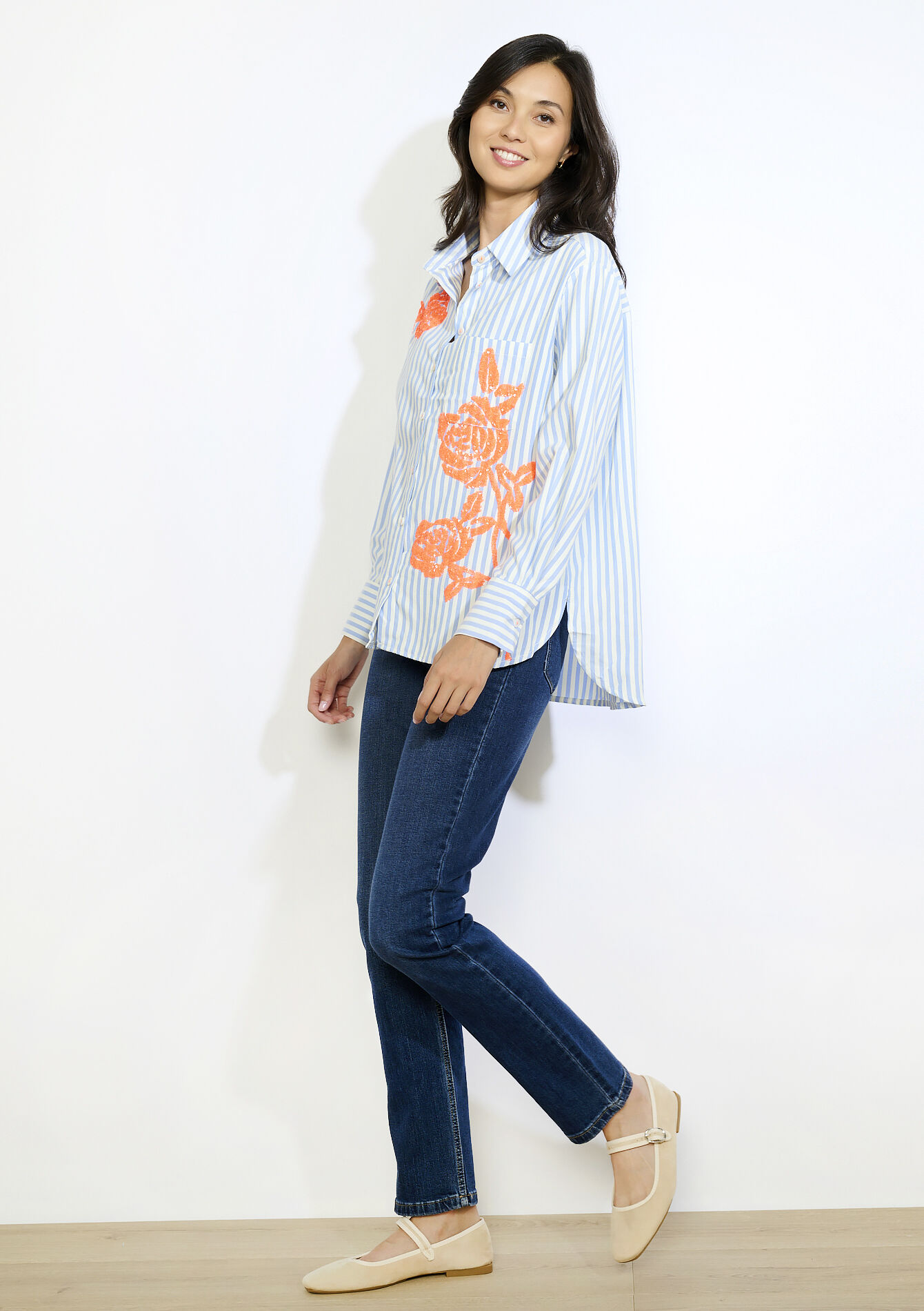 Chemise rayée brodée à sequins, Chemise rayée brodée à sequins - BLUE PASTEL - 05702903_3003