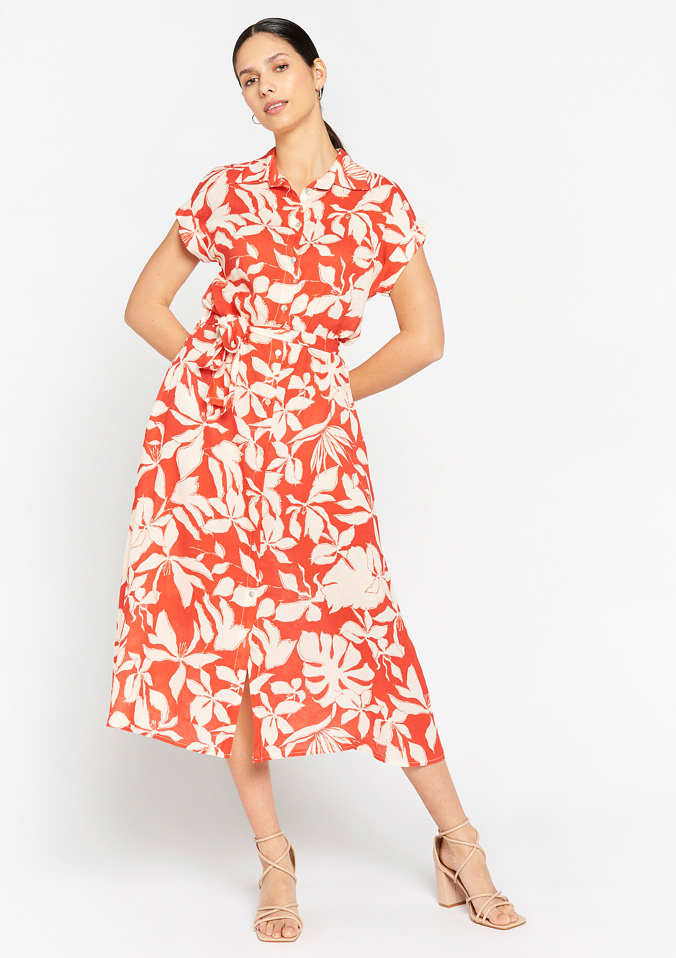 Linnen jurk met tropische print, Linnen jurk met tropische print - ORANGE BRIGHT - 08602000