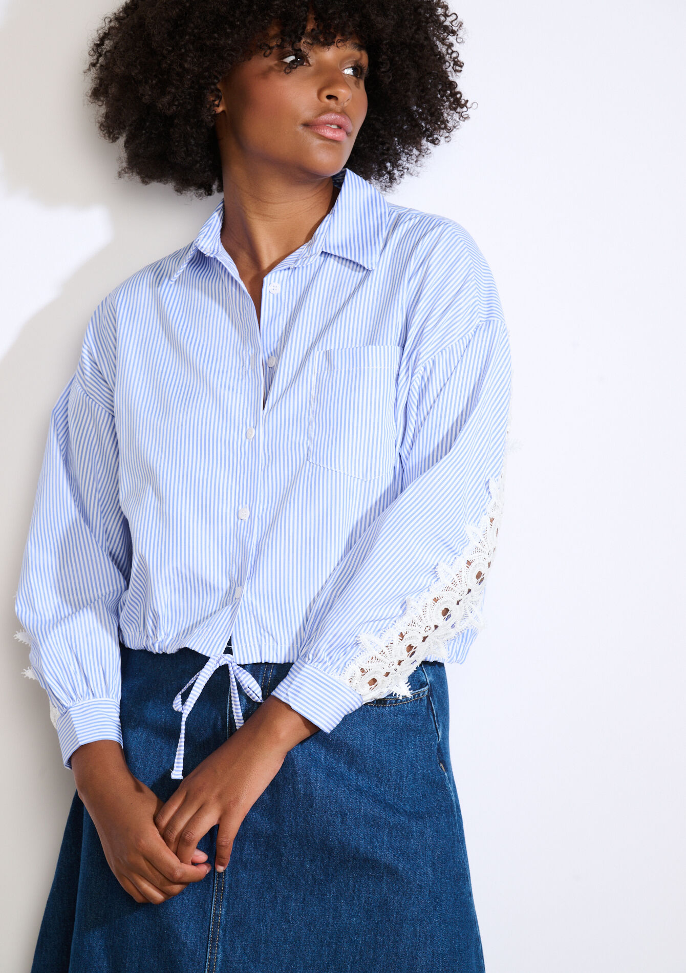 Chemise à empiècements brodés, Chemise à empiècements brodés - BLUE PASTEL - 05702925_3003