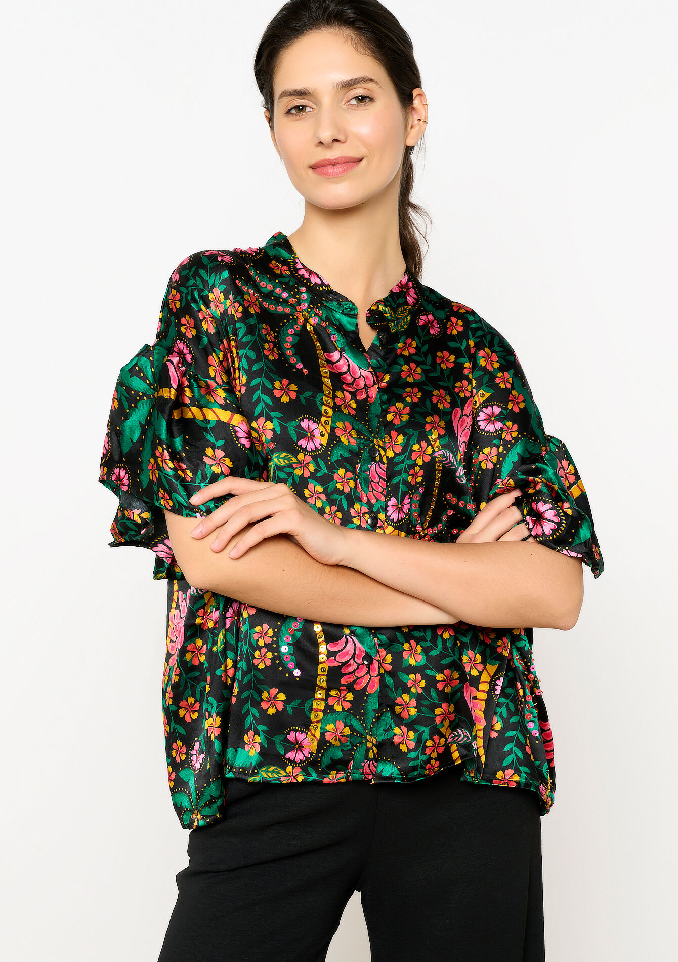 Blouse met tropische print en pailletten, Blouse met tropische print en pailletten - BLACK - 05702444_1119