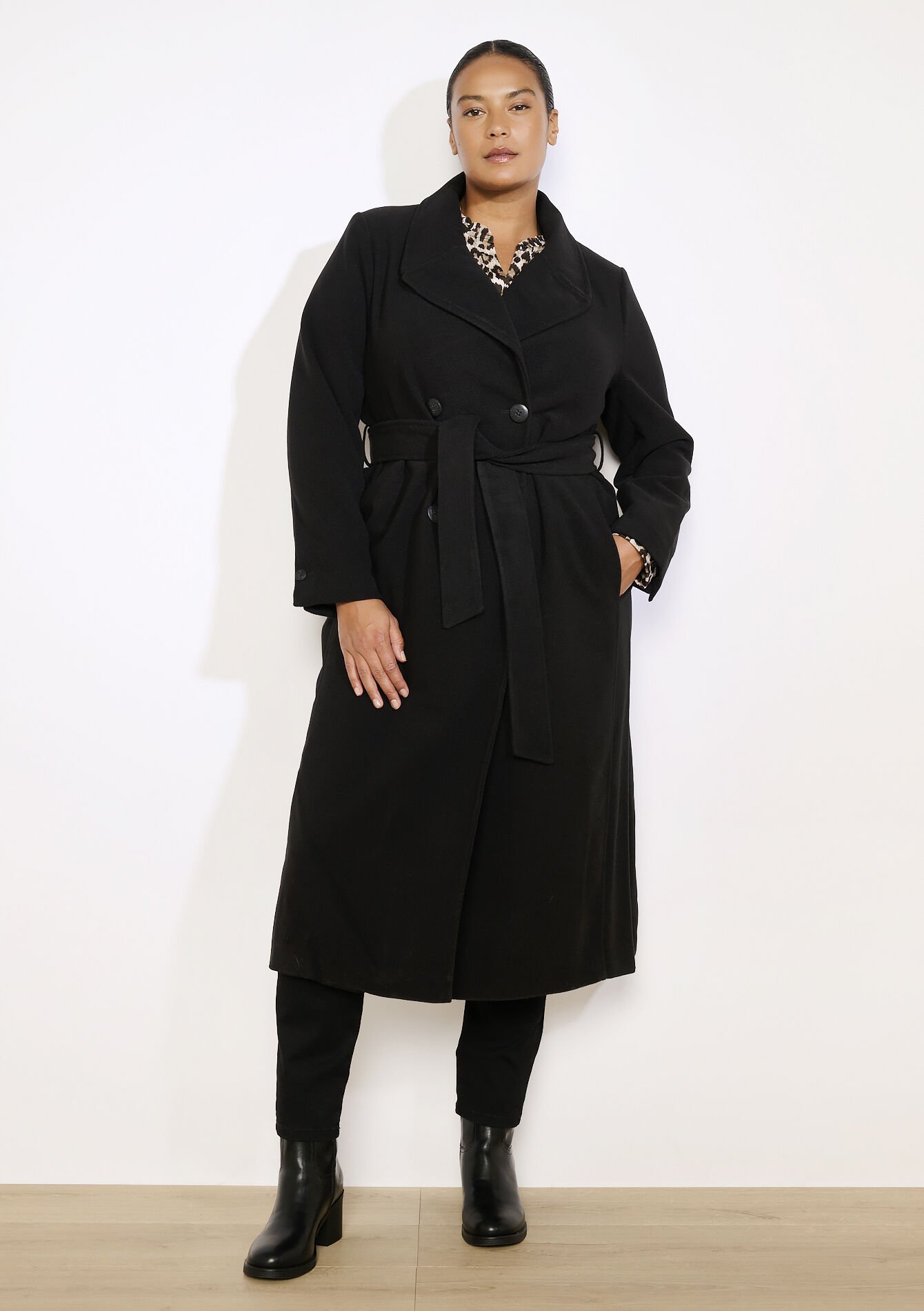 Manteau long croisé ceinturé, , hi-res