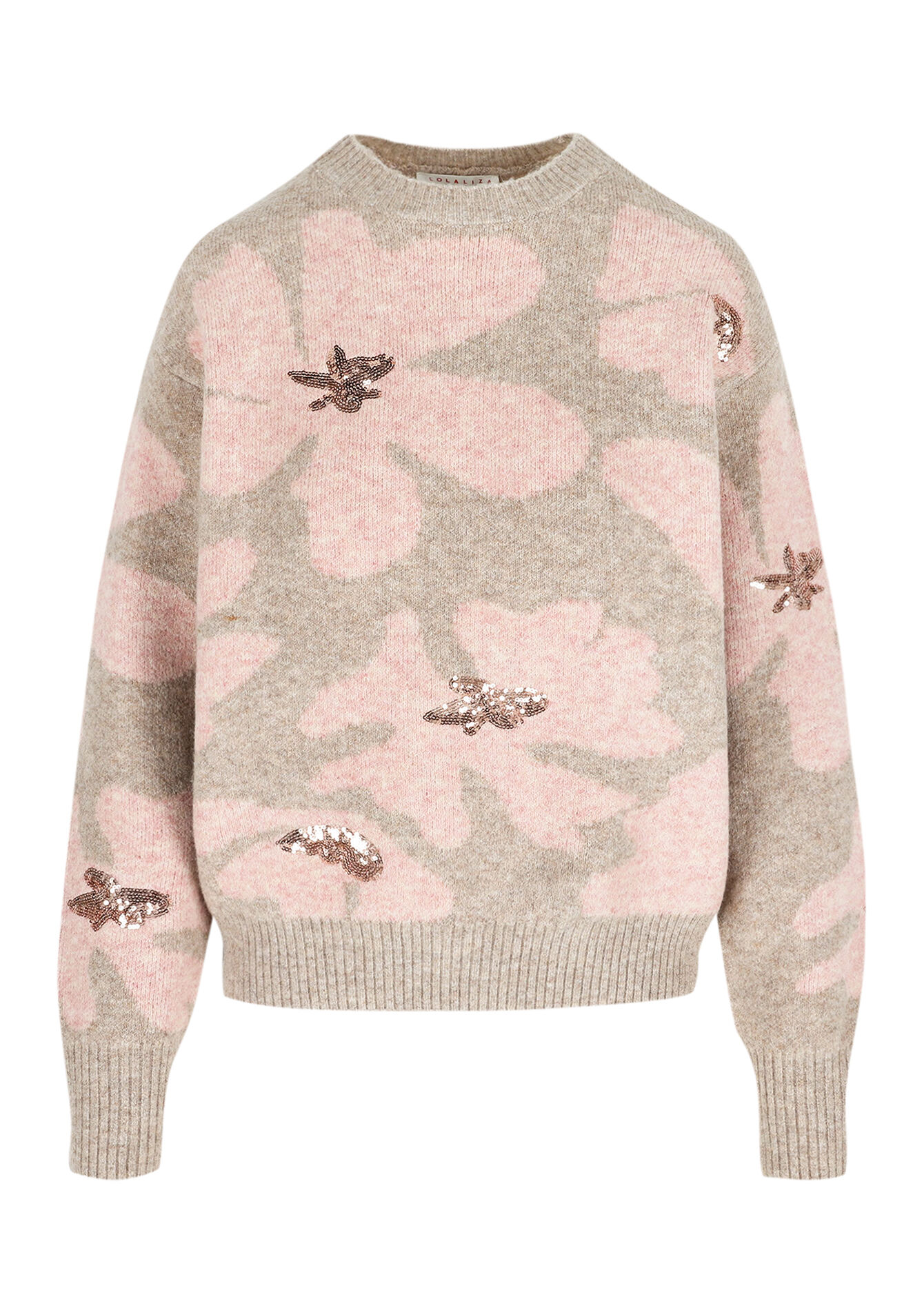 Pull brodé à sequins floraux, Pull brodé à sequins floraux - TAUPE - 04006954