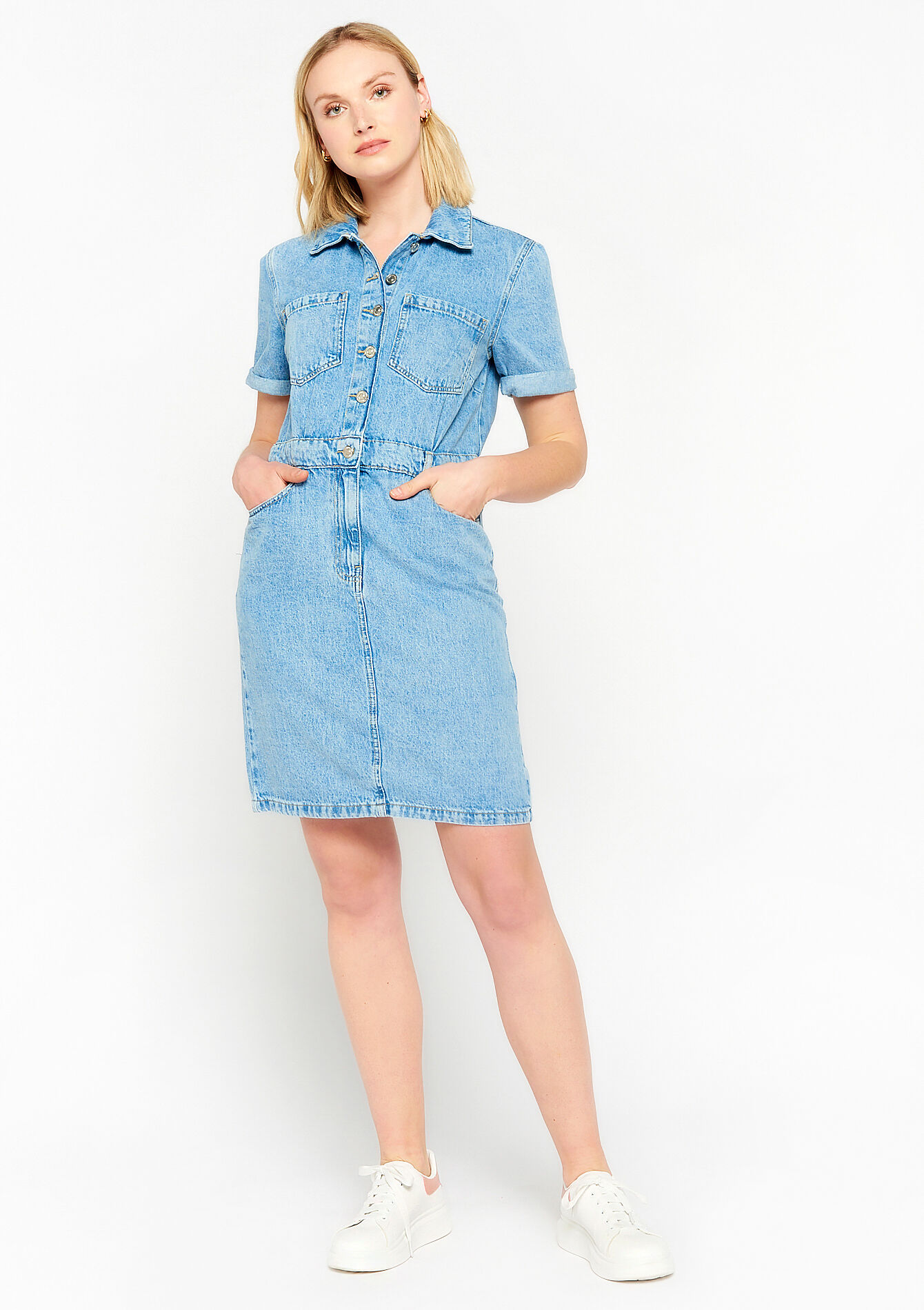 Robe courte en denim, Robe courte en denim - BLUE BLEACHED - 08103210_0502