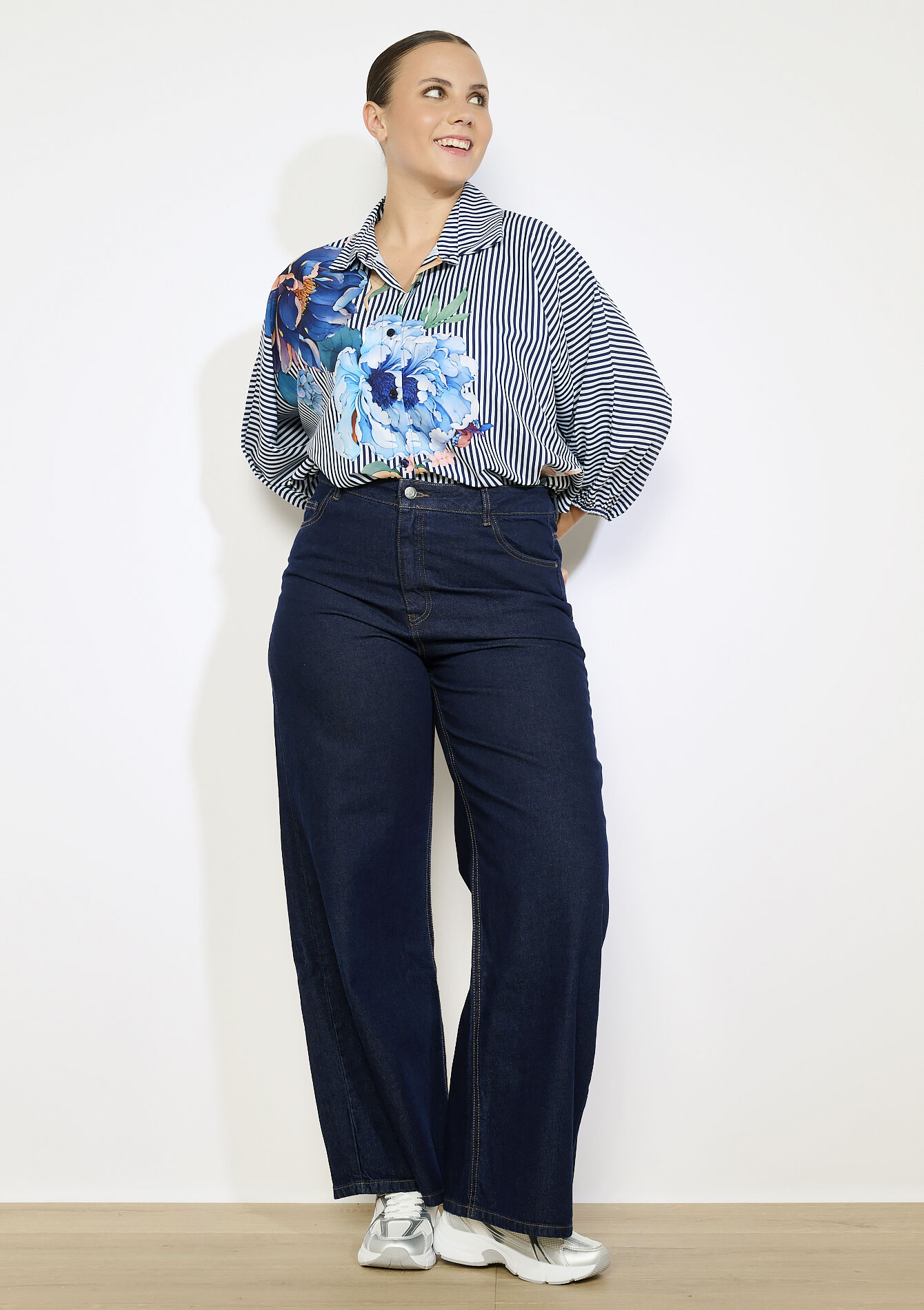 Wijde jeans met hoge taille, Wijde jeans met hoge taille - DARK BLUE - 22000619_0501