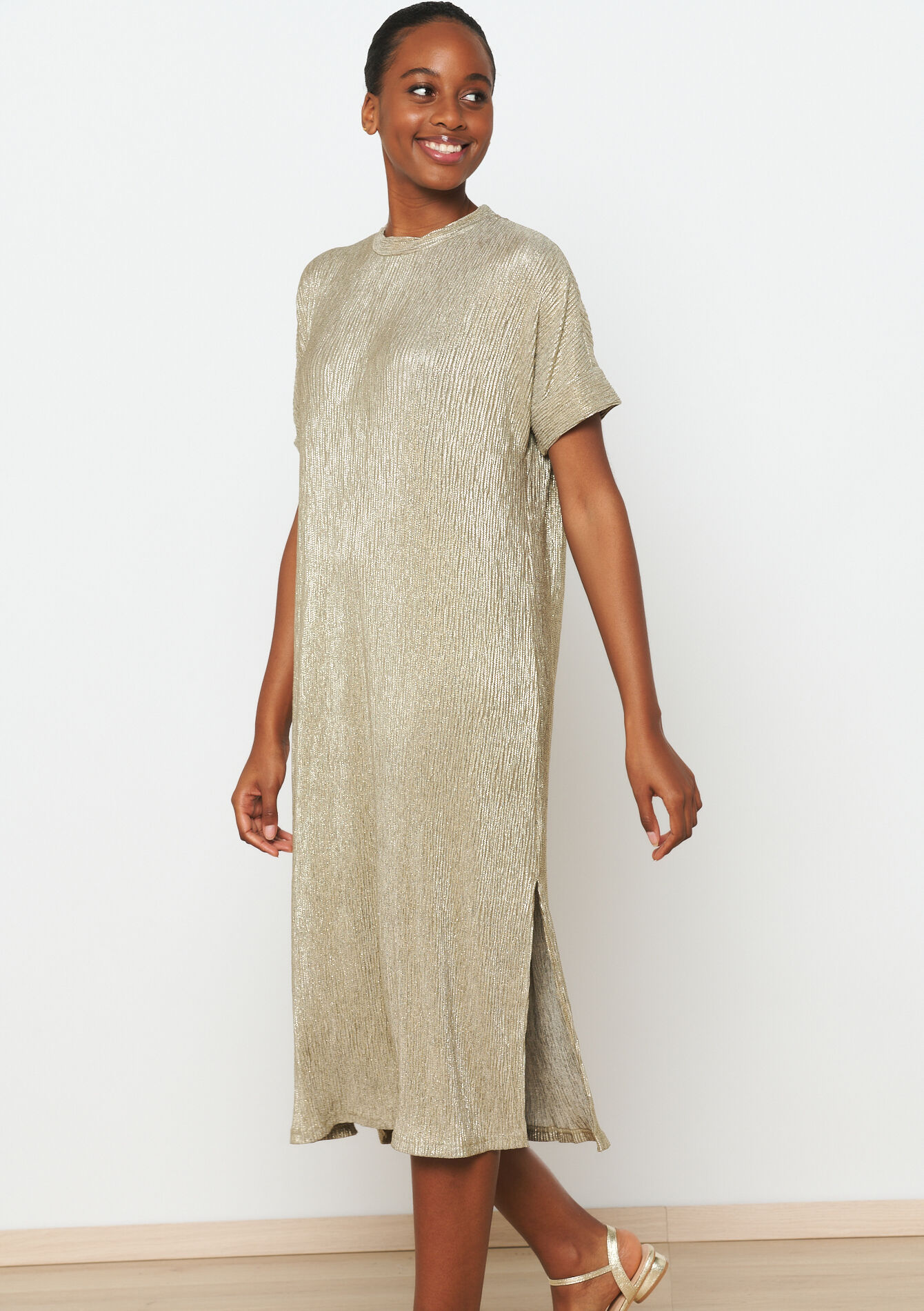 Robe t-shirt métallisée, Robe t-shirt métallisée - GOLD - 08103521_1058
