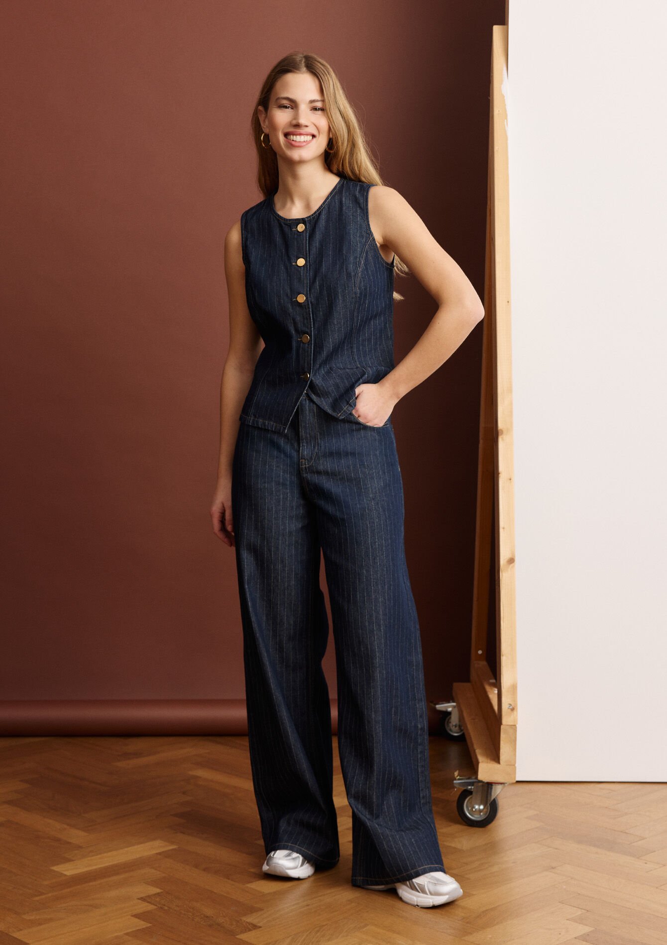 Jean large à rayures, , hi-res