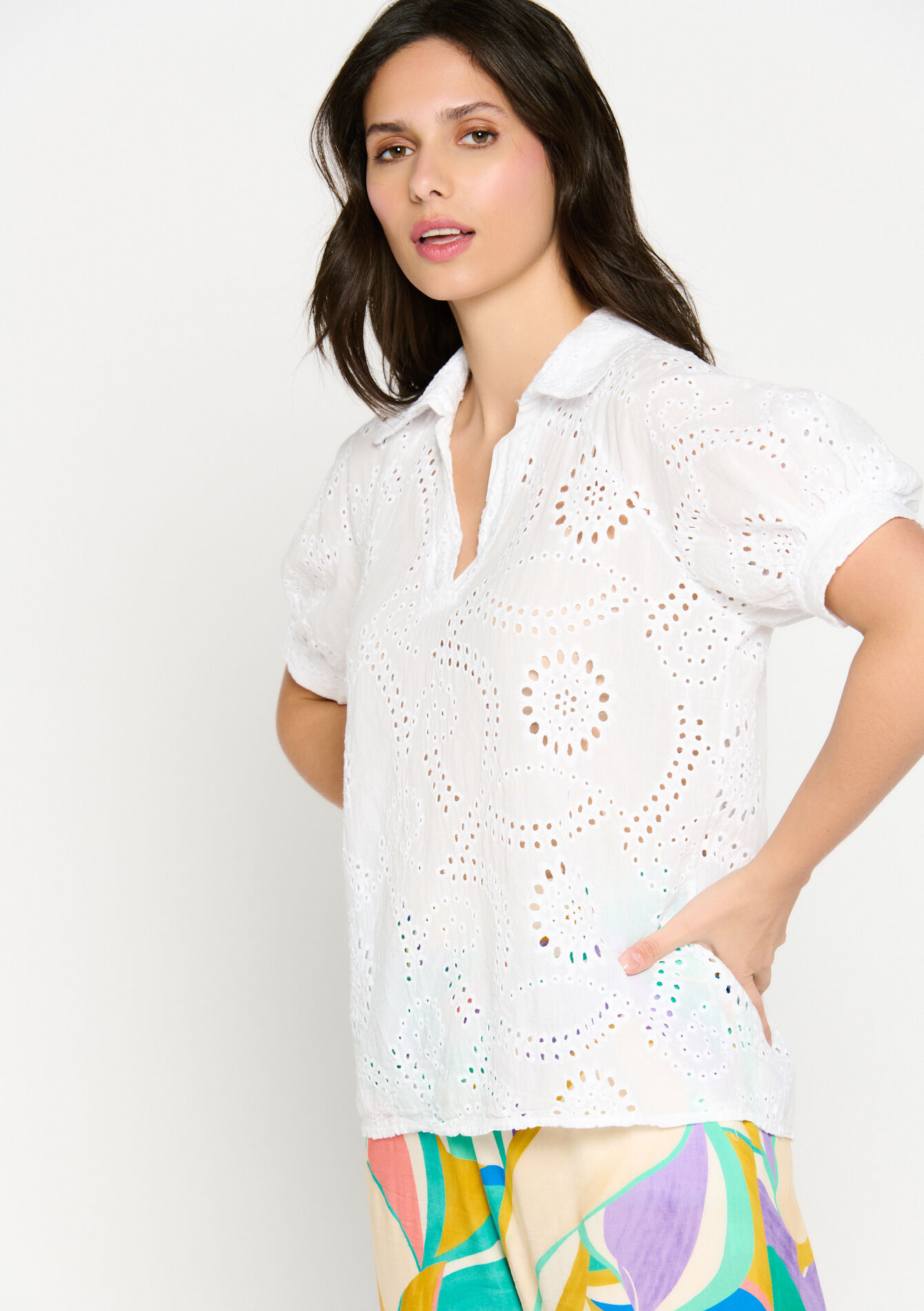 Blouse met broderie anglaise, Blouse met broderie anglaise - OPTICAL WHITE - 05702231_1019