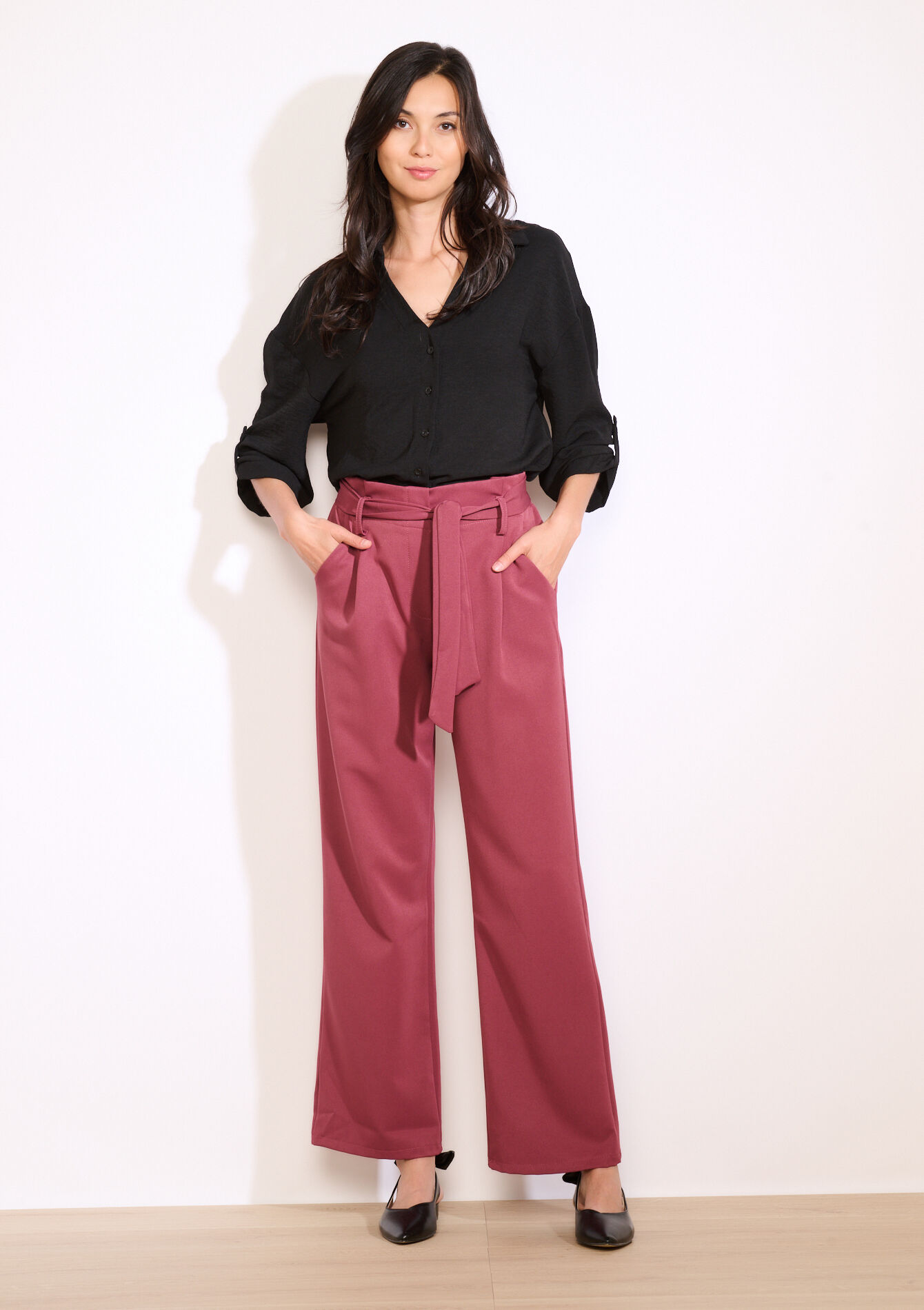 Wijde broek met ceintuur, Wijde broek met ceintuur - AUBERGINE - 06601044_1537