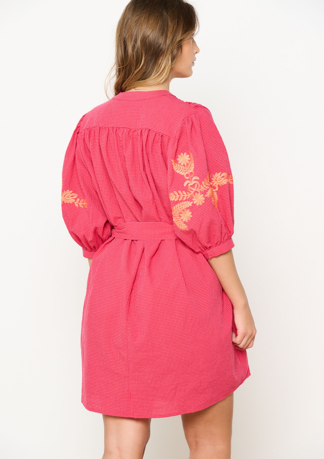 Oversized Vichy-jurk met borduursel, Oversized Vichy-jurk met borduursel - FUCHSIA - 08104021_5626