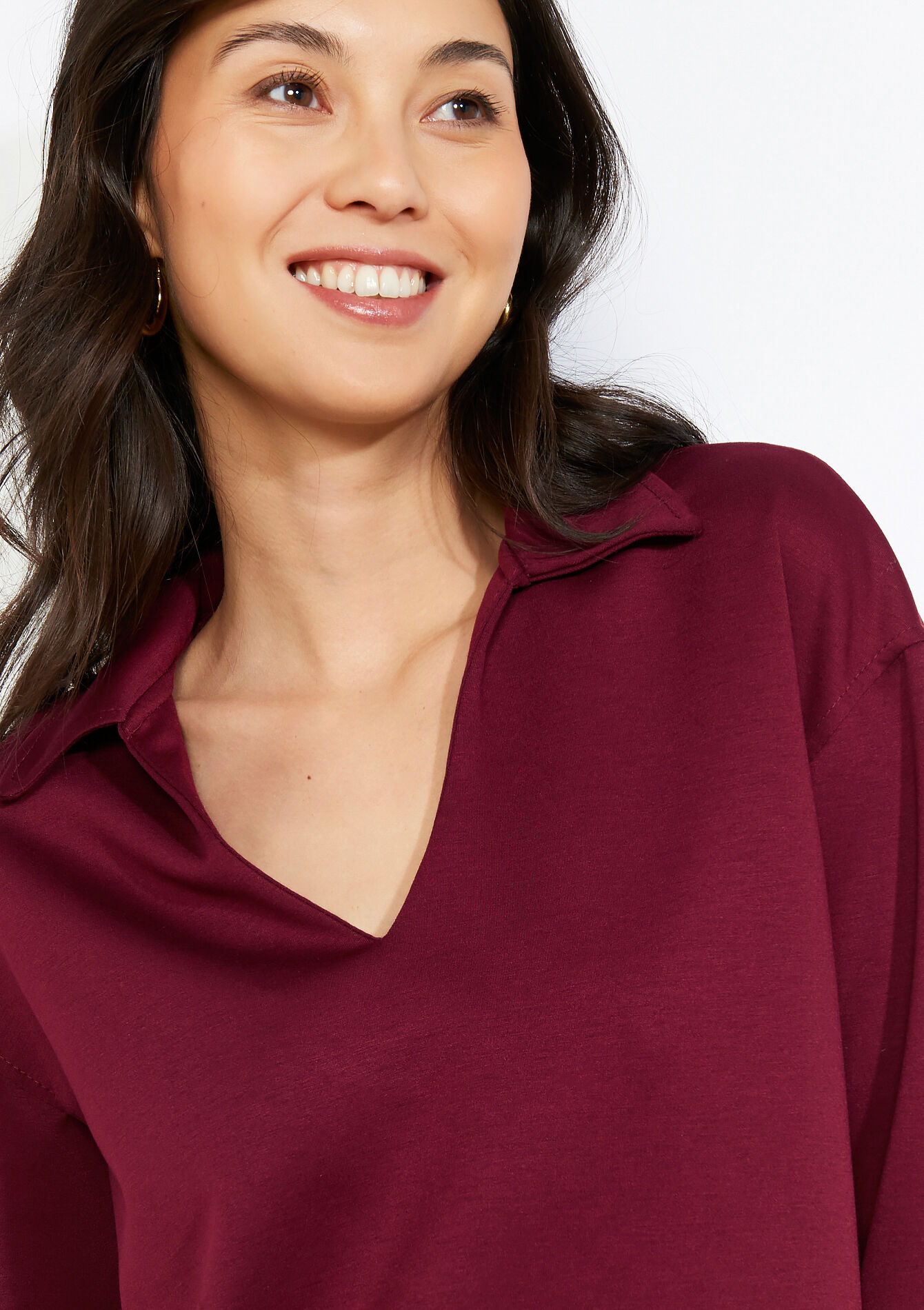 Structured V-neck sweatshirt - AUBERGINE - 15100424_1537