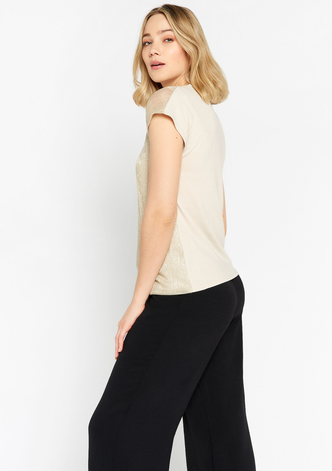Lurex T-shirt met V-hals, Lurex T-shirt met V-hals - LT BEIGE - 02301407_2527