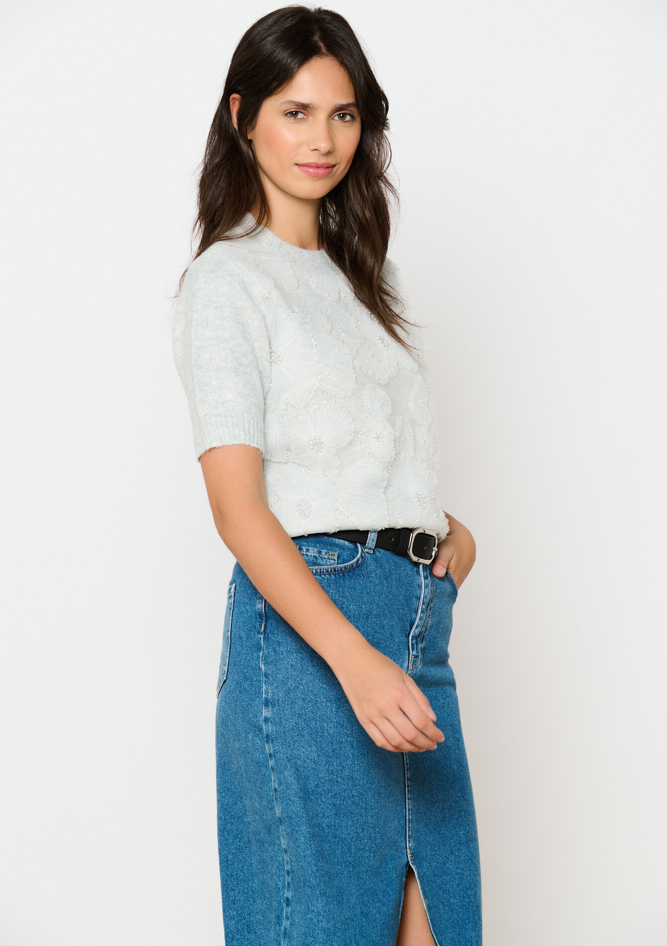 Pullover with voile flowers - LT GREY MEL - 04006625_1081