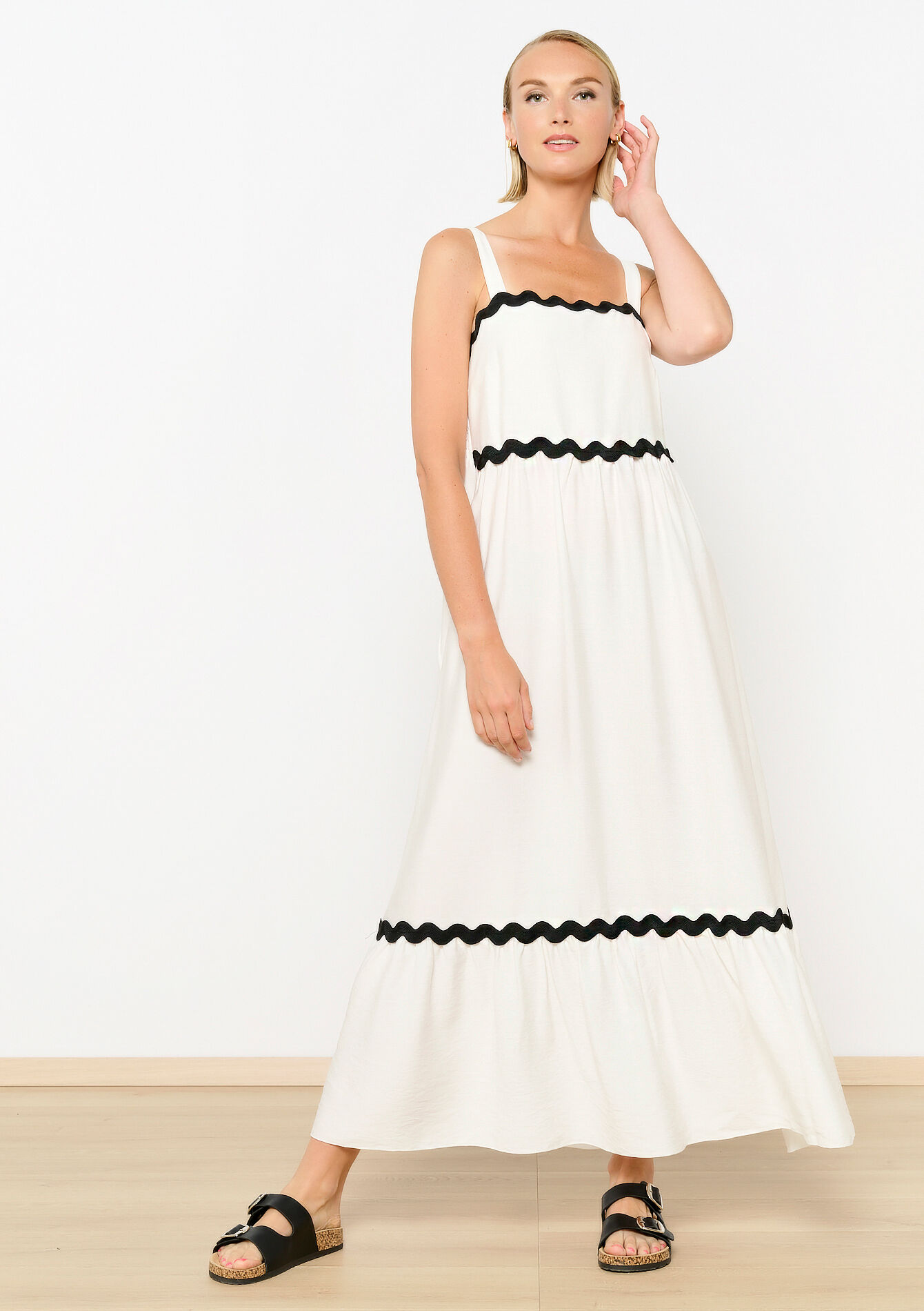 Robe longue avec biais en zigzag, Robe longue avec biais en zigzag - OPTICAL WHITE - 08103804_1019