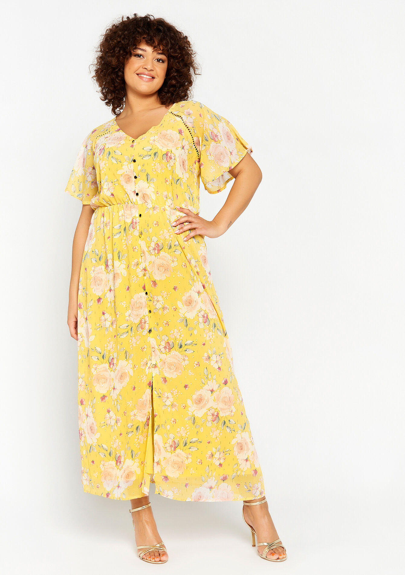 Maxi-jurk met bloemenprint, Maxi-jurk met bloemenprint - YELLOW PASTEL - 1064780