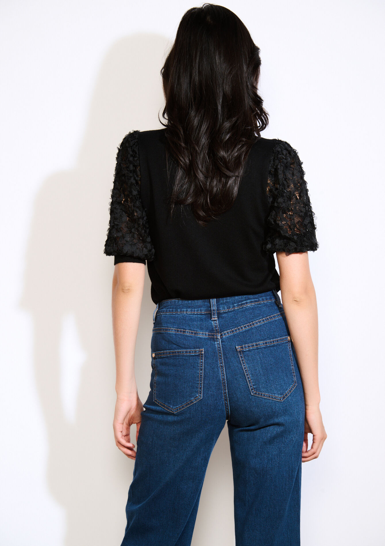 Top met kanten mouwen, Top met kanten mouwen - BLACK - 04006916_1119