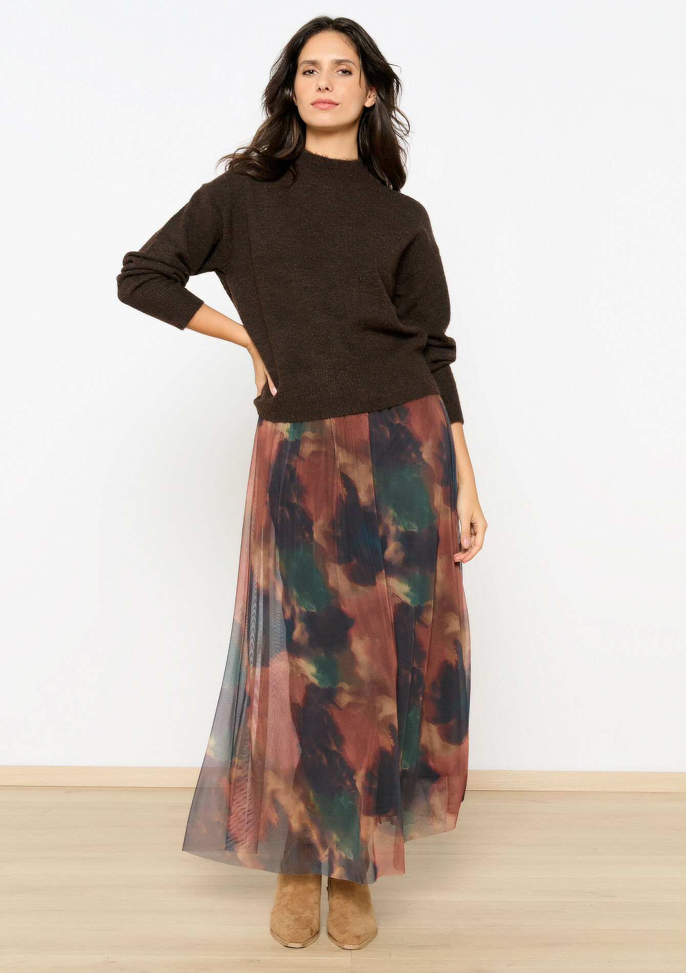 Mesh skirt with blurry print, Mesh skirt with blurry print - CARAMEL - 07101299_1953