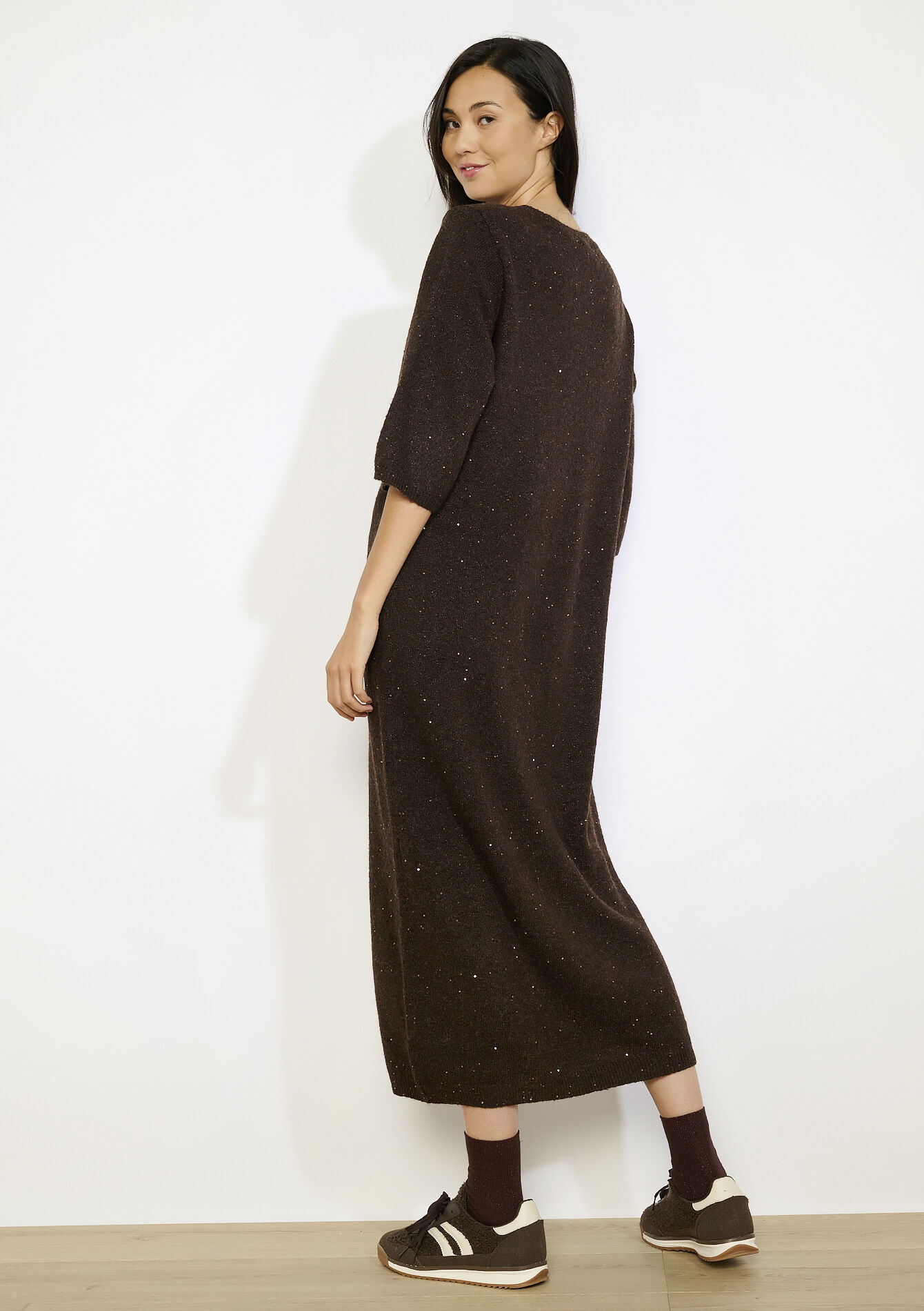 midi gebreide jurk met pailletten, midi gebreide jurk met pailletten - CAMEL BROWN - 08104076_3818