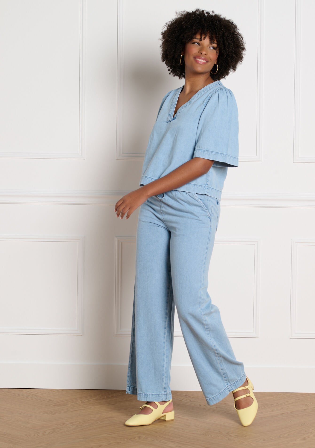 Wijde denim jogger broek, , hi-res