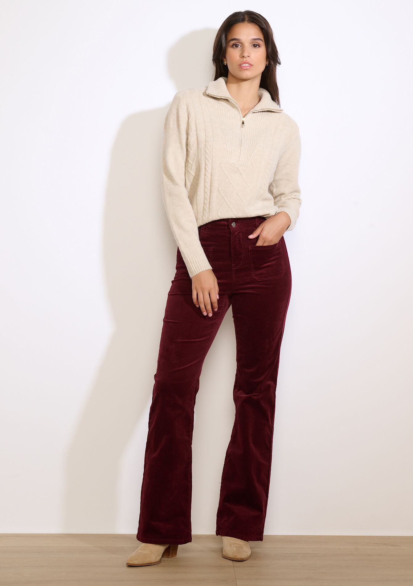 Gebreide trui met rits - LT BEIGE - 04006945