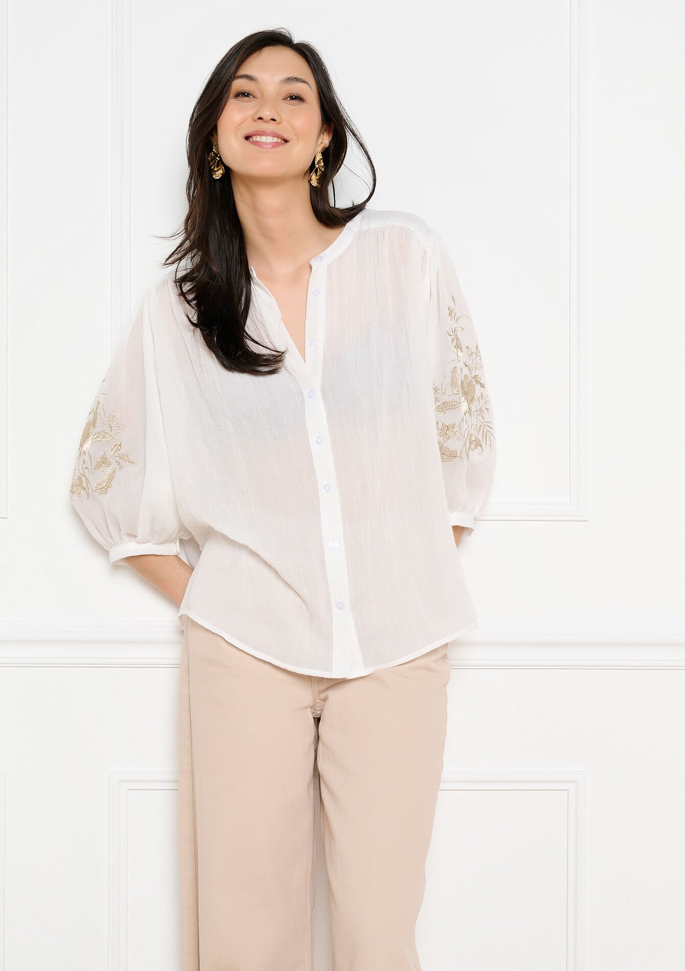 Geborduurde blouse met soepele snit, , back