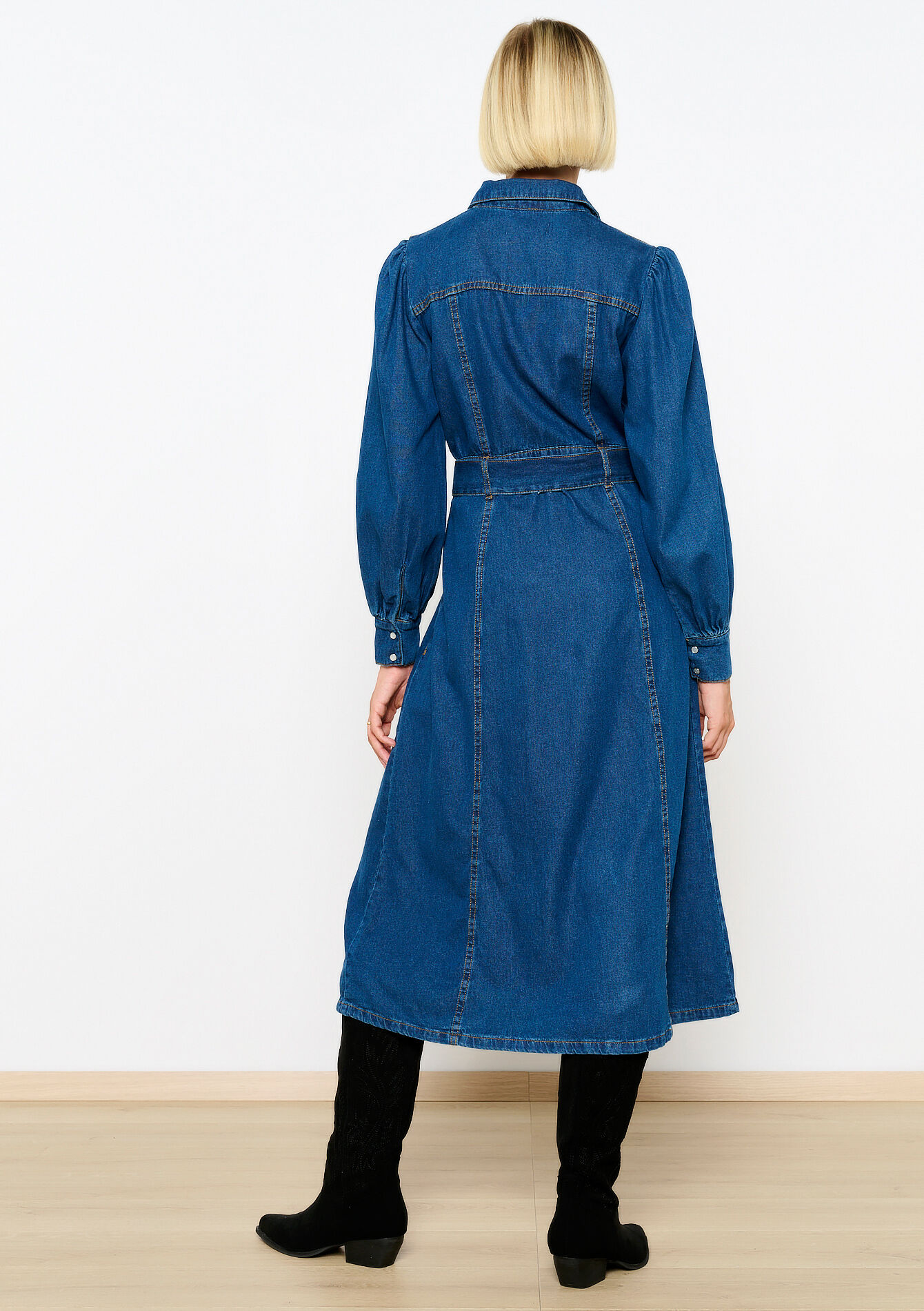 Robe mi-longue en denim avec ceinture - DARK BLUE - 08103716_0501
