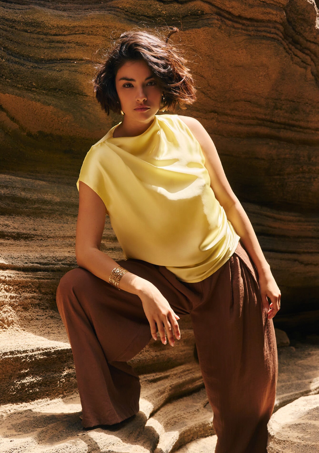 Draped satin blouse - YELLOW PASTEL - 05703066_5004