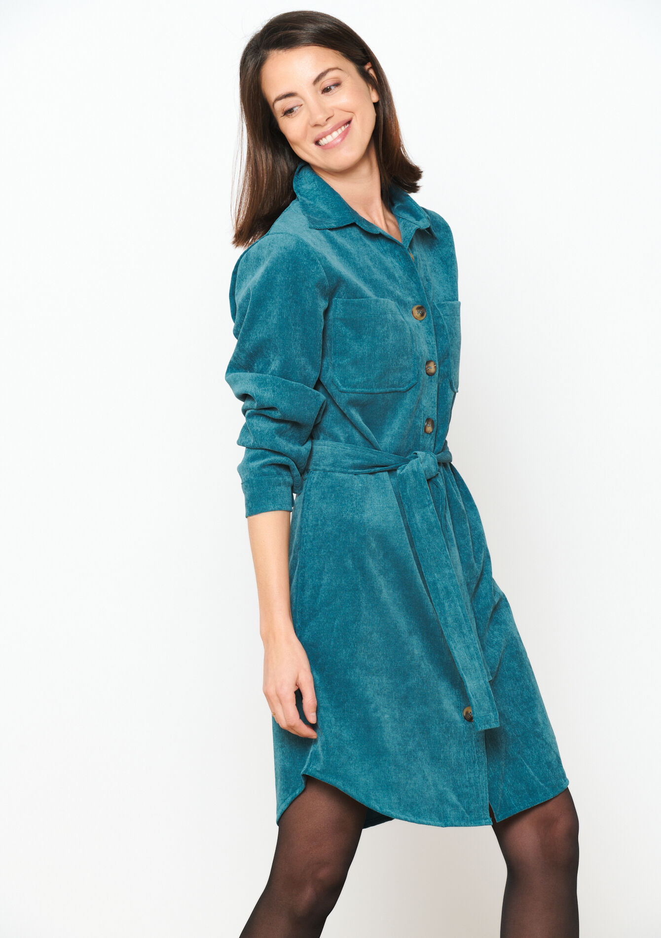 Robe-chemise en velours  - PEACOAT BLUE - 08103412_1655