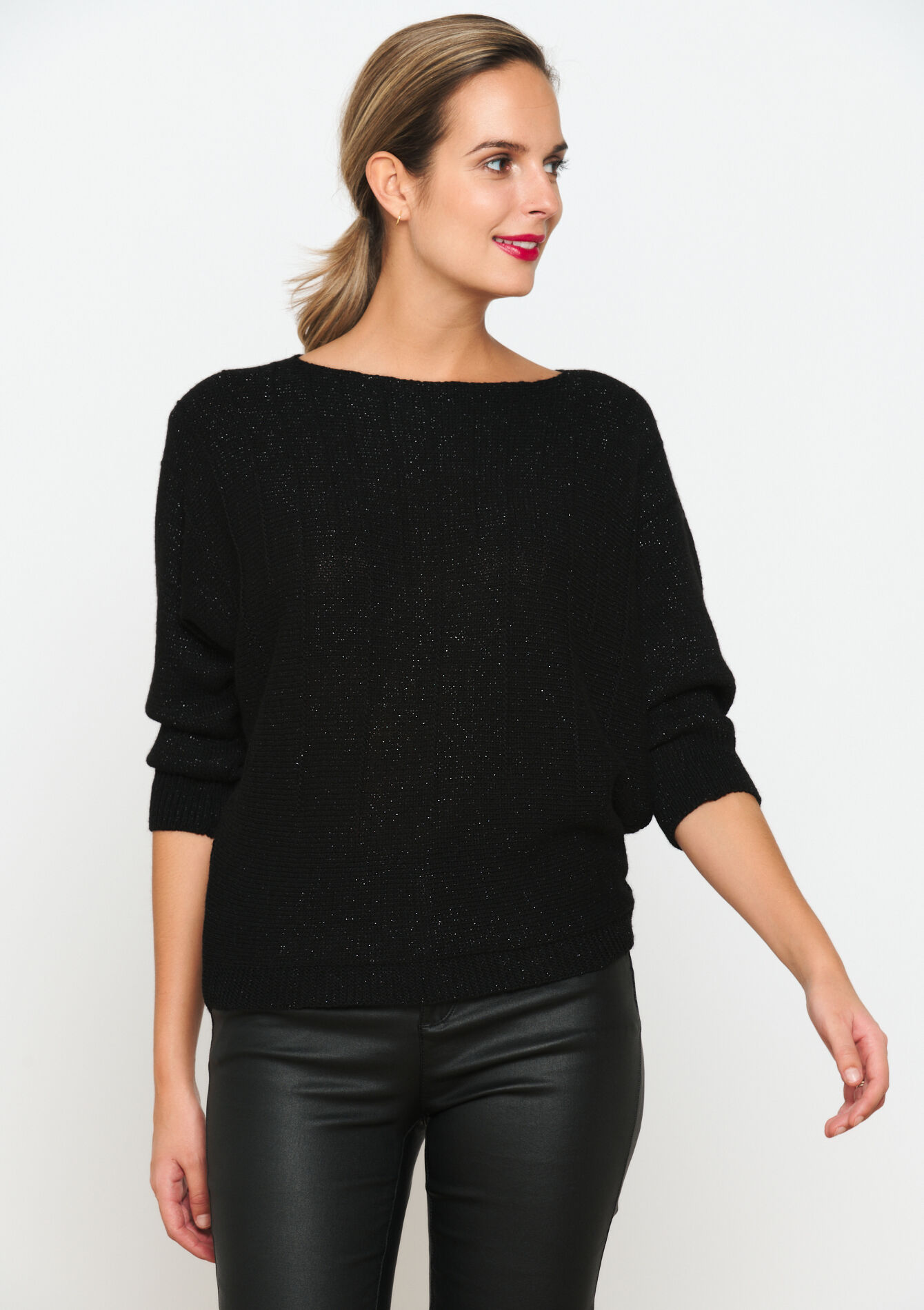 Lurex pullover with batwing sleeves, Lurex pullover with batwing sleeves - BLACK - 04006276_1119