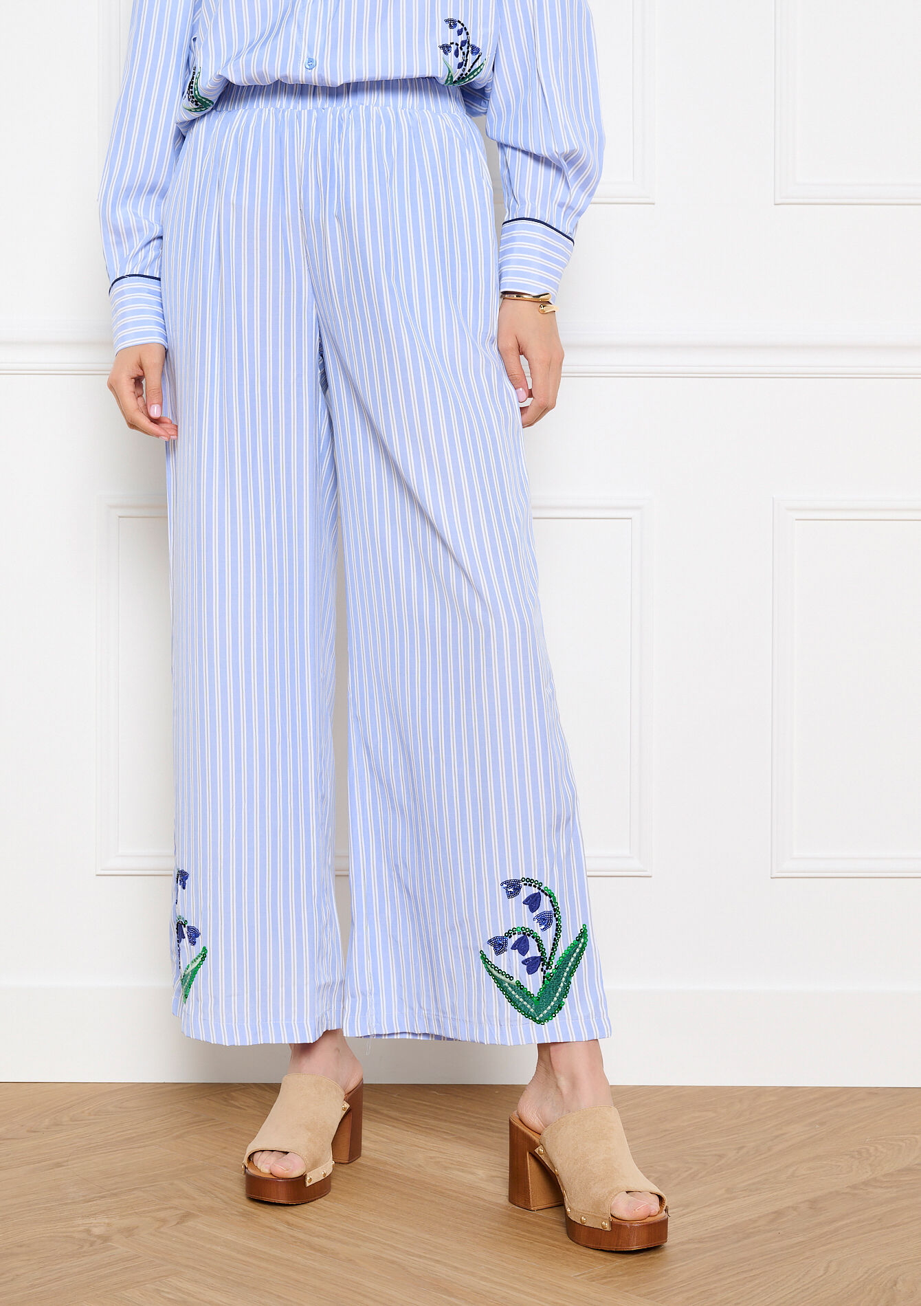 Pantalon fluide brodé - BLUE PASTEL - 06601125_3003