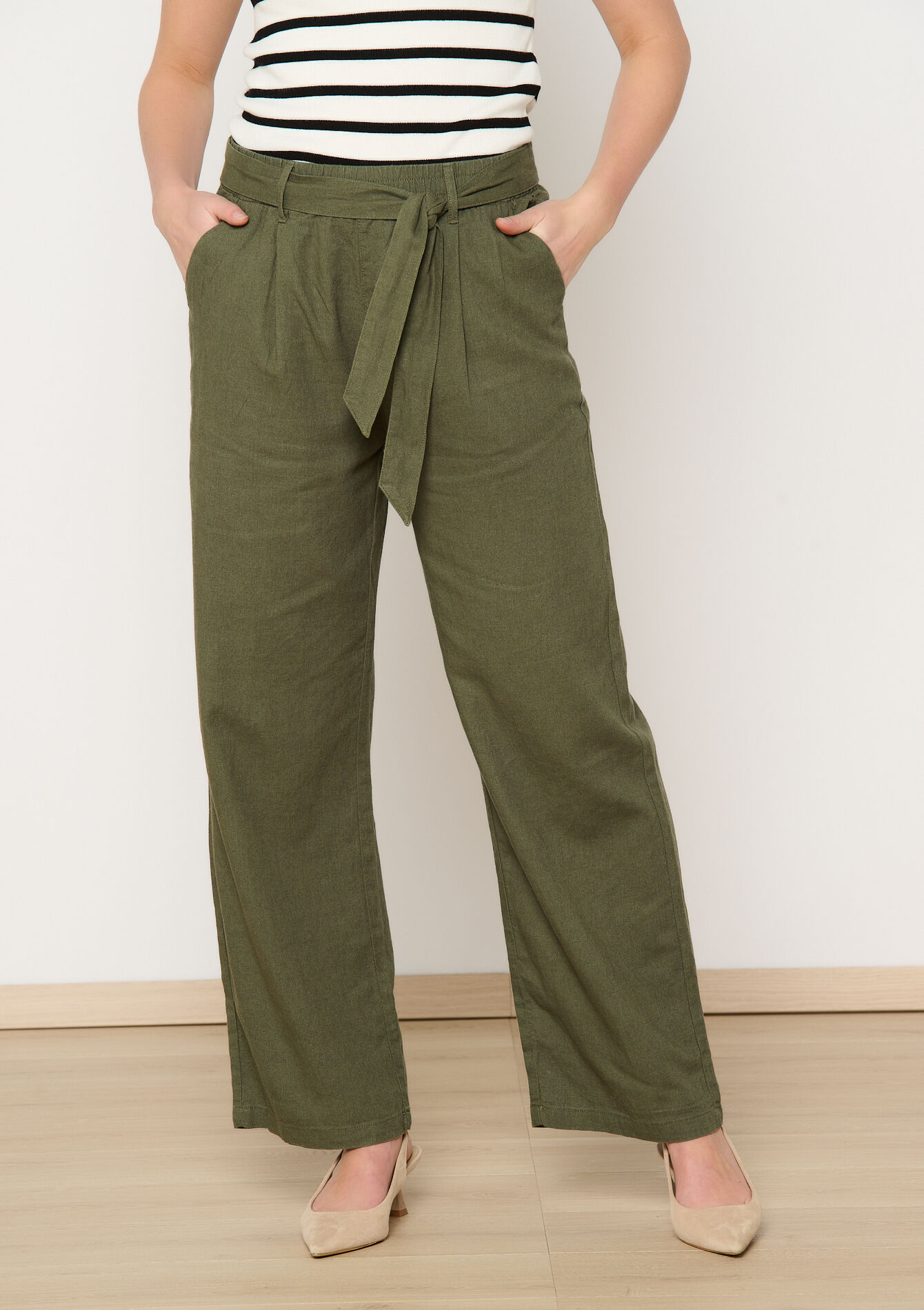 Linnen broek met riem, Linnen broek met riem - KHAKI MED - 06600921_4327
