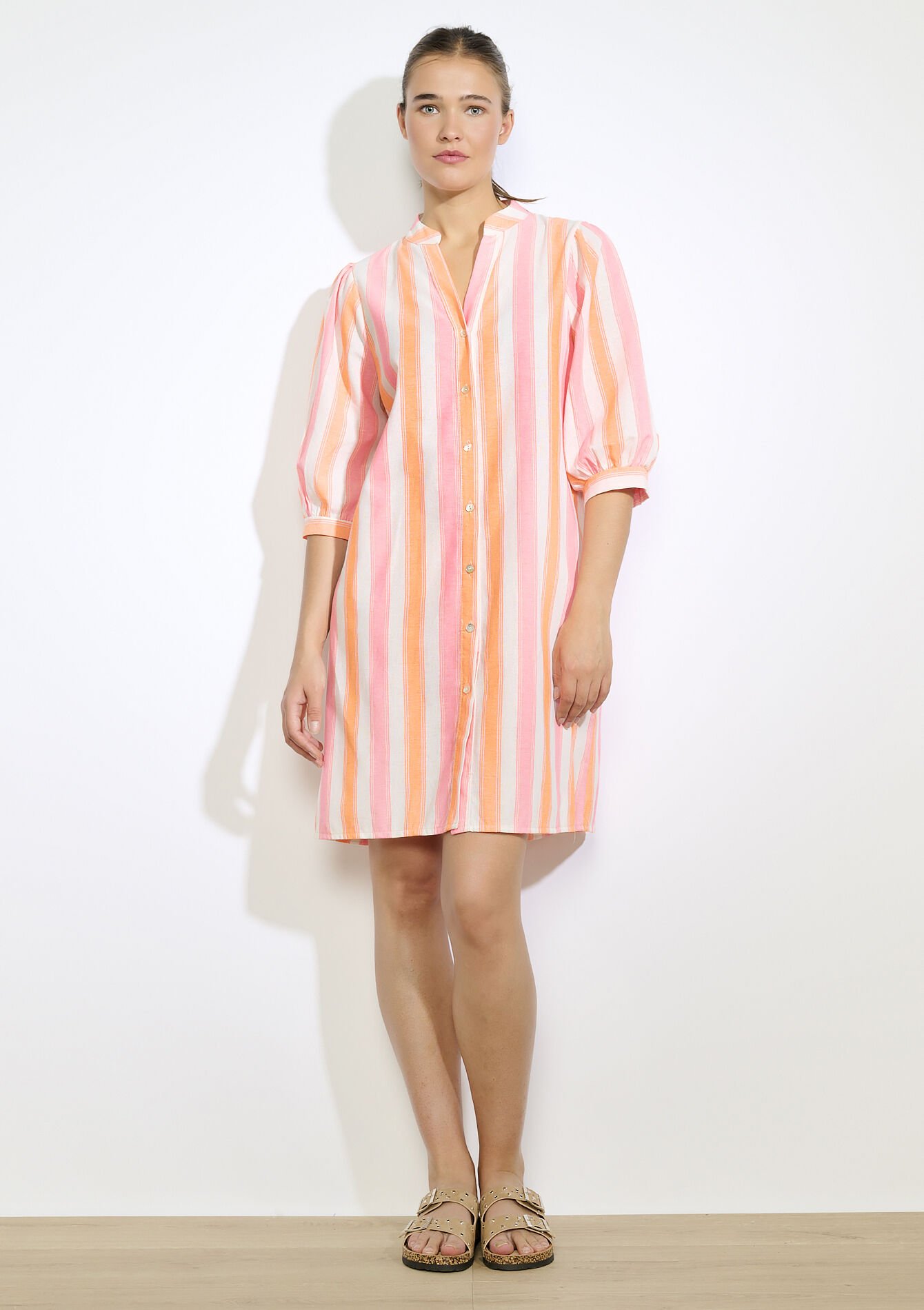 Robe-chemise ample rayée, Robe-chemise ample rayée - FLUO ORANGE - 08104186_1242