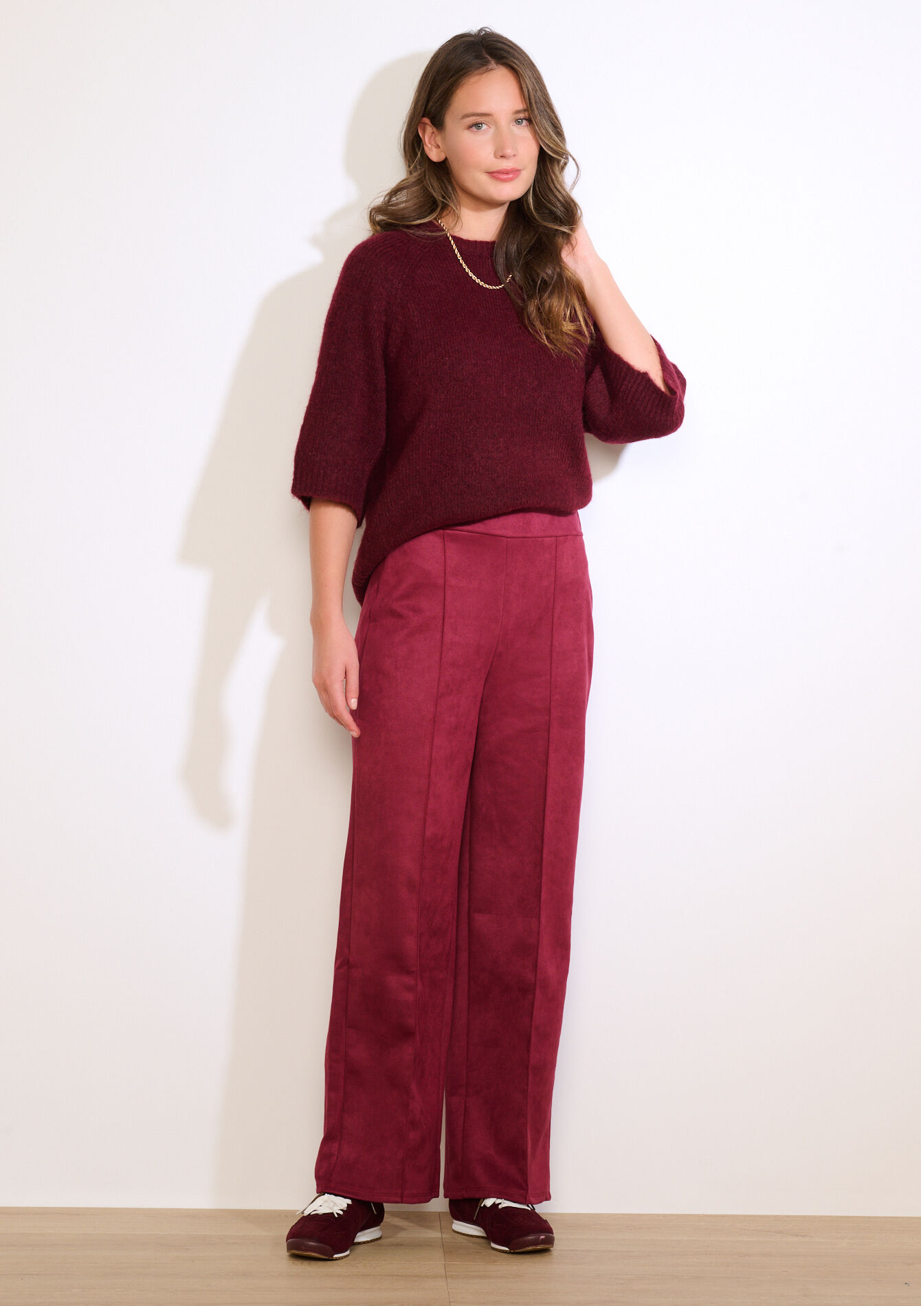 Suèdelook broek met wijde pijp, Suèdelook broek met wijde pijp - AUBERGINE - 06601080_1537