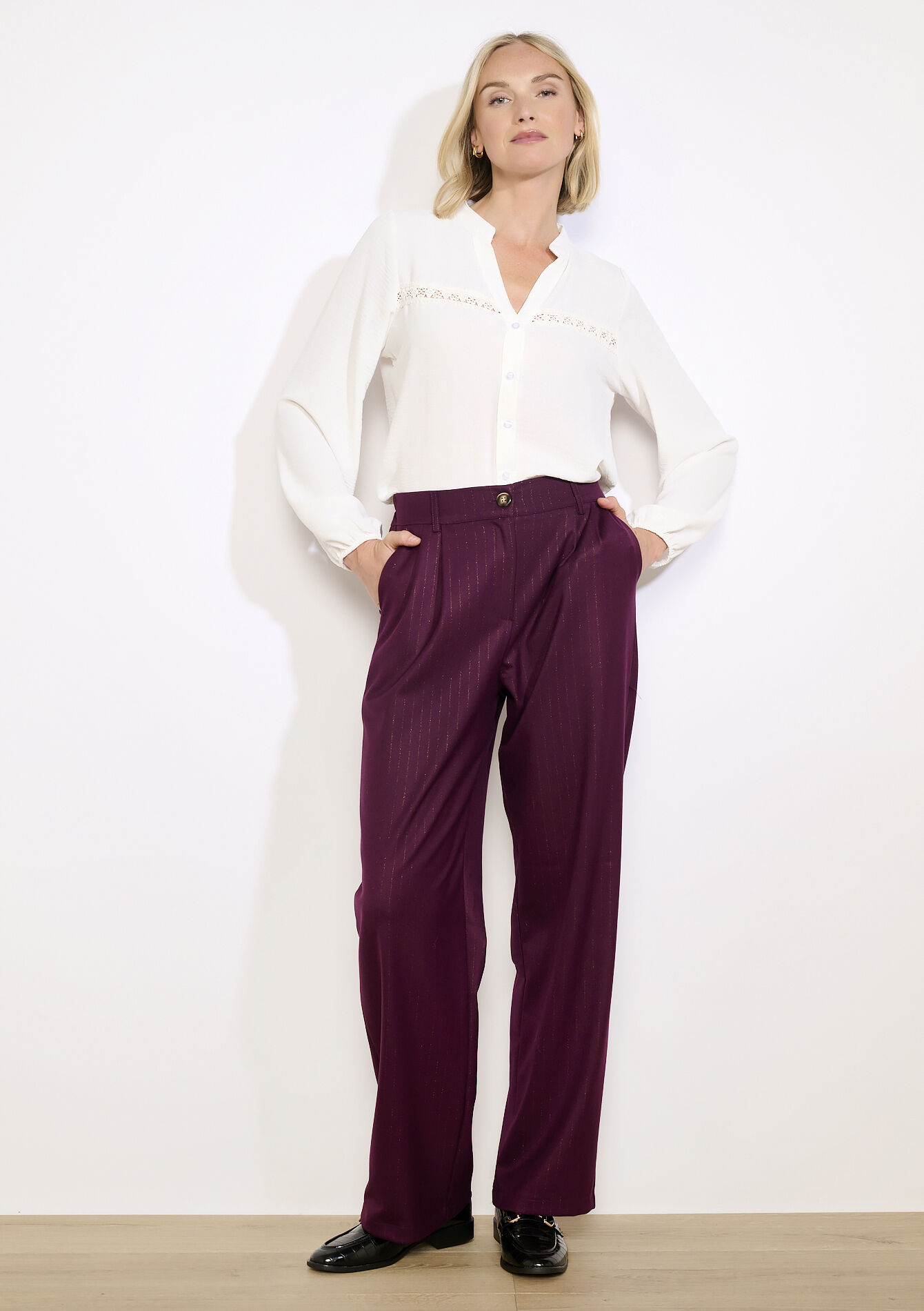 Wide-leg broek met plooien, Wide-leg broek met plooien - BORDEAUX WINE - 06100745_5514