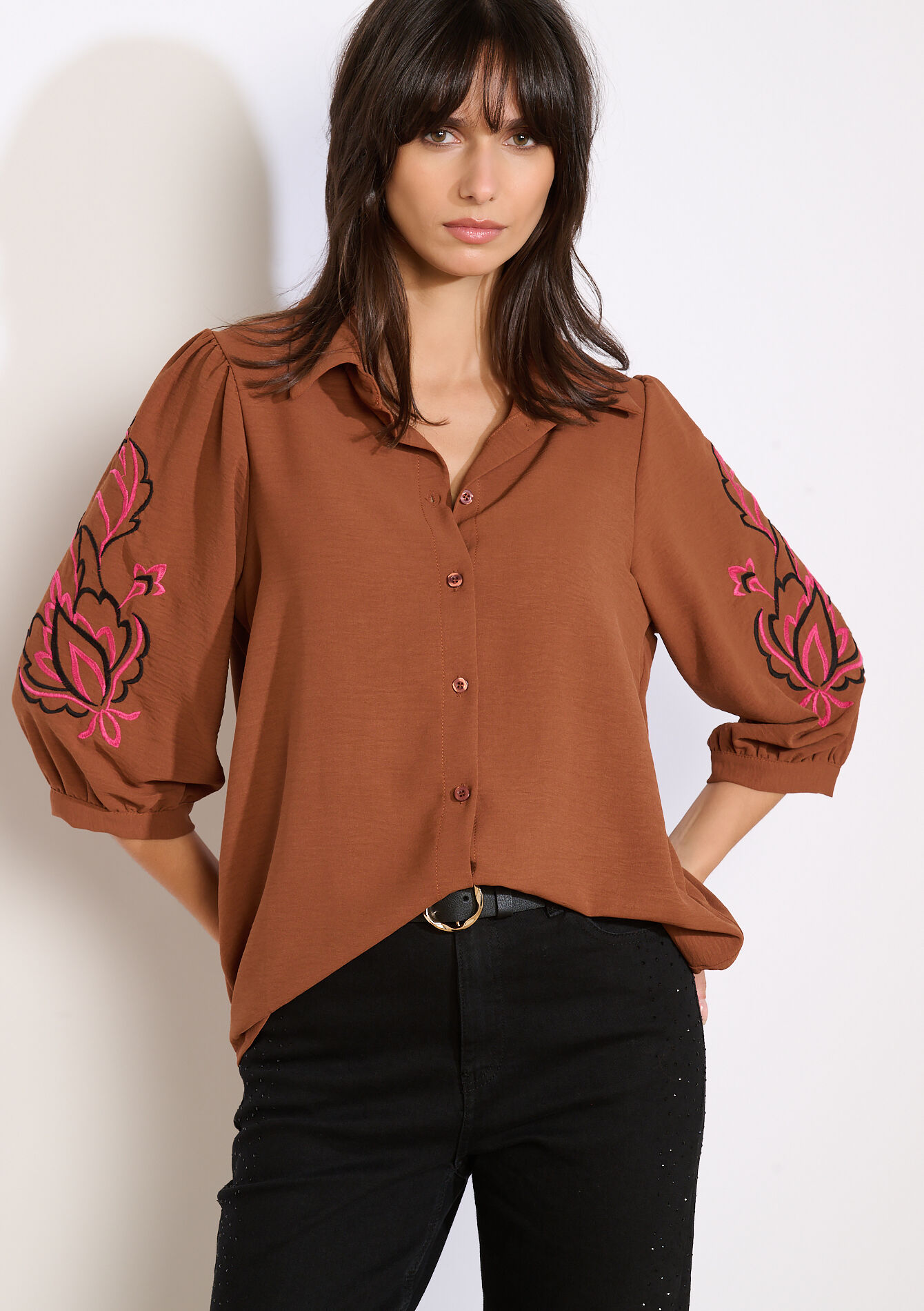Chemise brodée manches 3/4, Chemise brodée manches 3/4 - CARAMEL - 05702990_1953