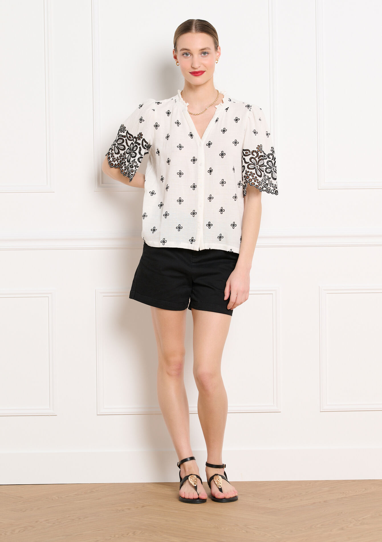 Geborduurde blouse korte mouwen - OFFWHITE - 05702948_1001