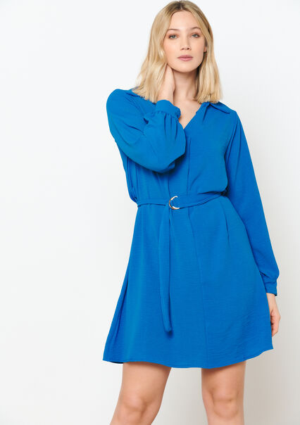 Korte jurk met V-hals en ceintuur - BLUE COBALT - 08103514_2925