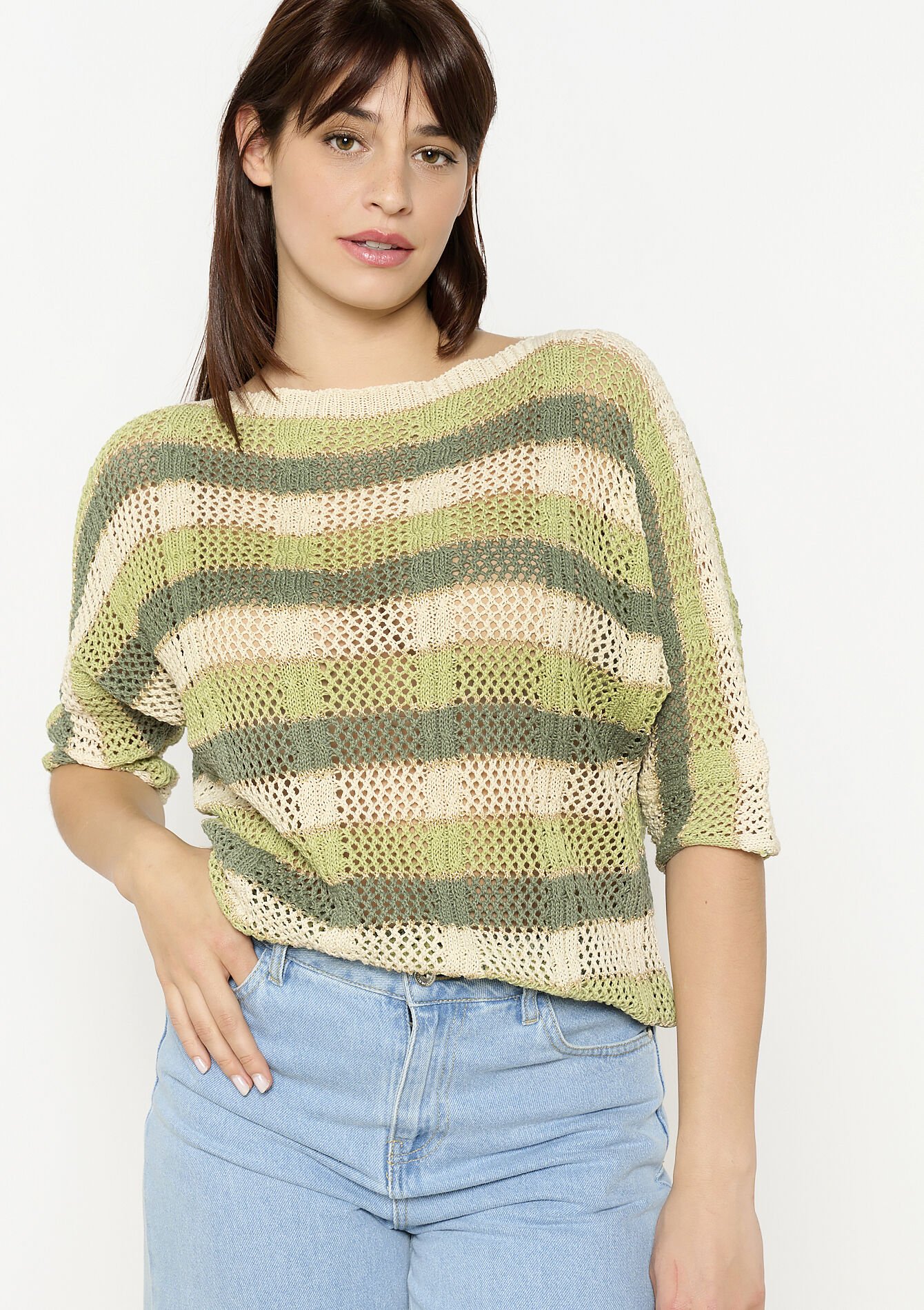 Pull ajouré à rayures, Pull ajouré à rayures - KHAKI FADED - 04006966_4326