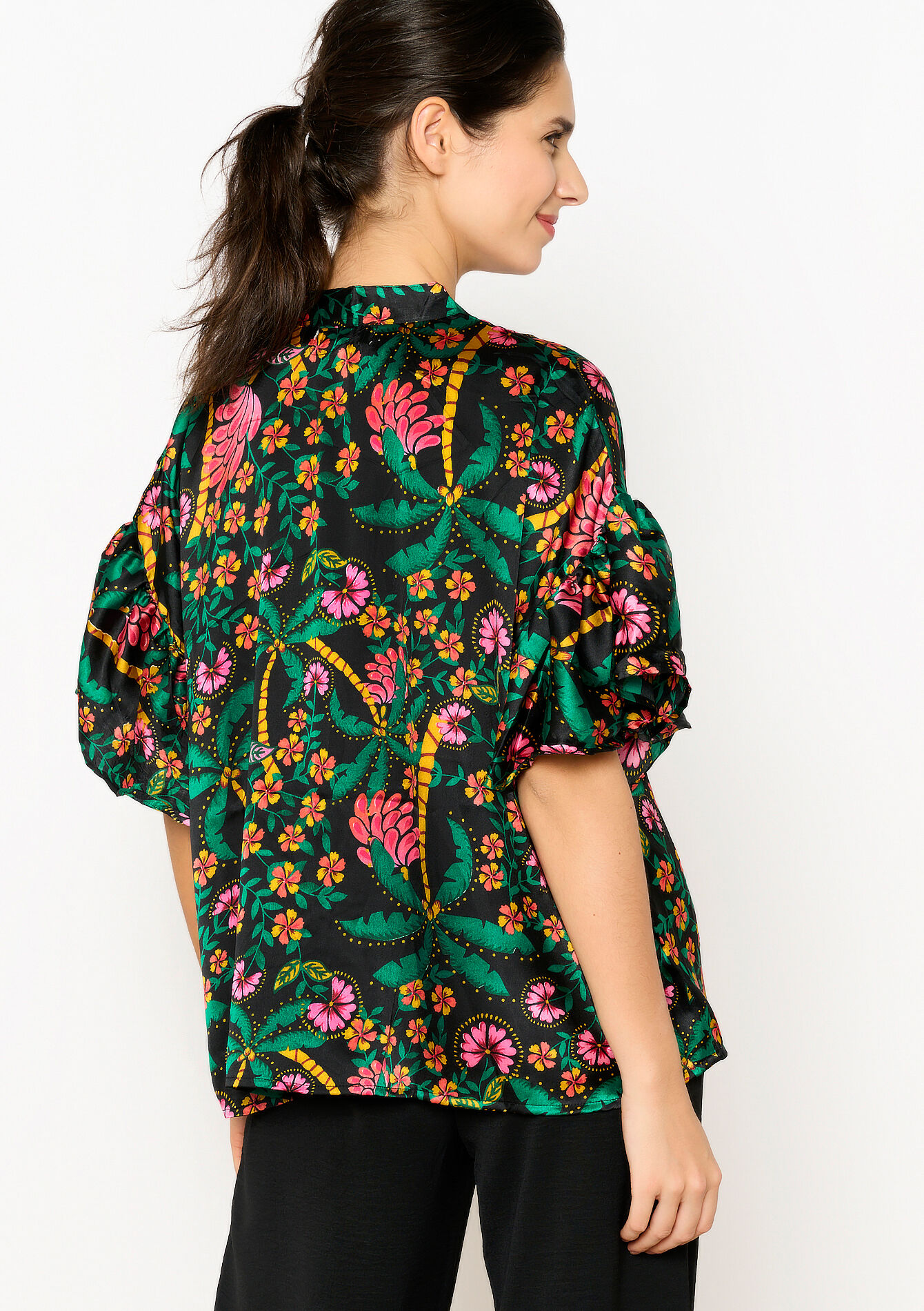 Blouse met tropische print en pailletten, Blouse met tropische print en pailletten - BLACK - 05702444_1119