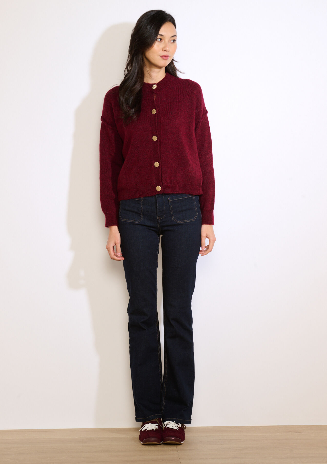 Gold button cardigan - BORDEAUX WINE - 04101412_5514