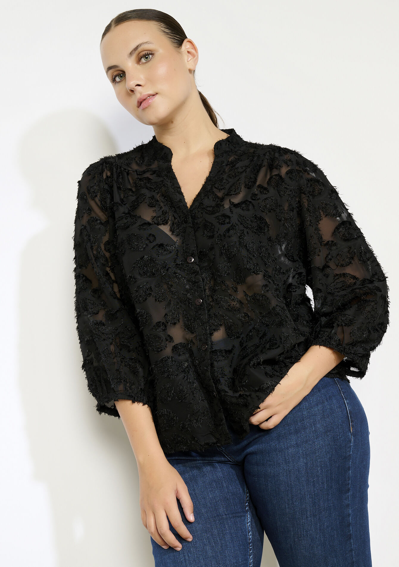 Transparant overhemd met structuur, Transparant overhemd met structuur - BLACK - 05702855_1119