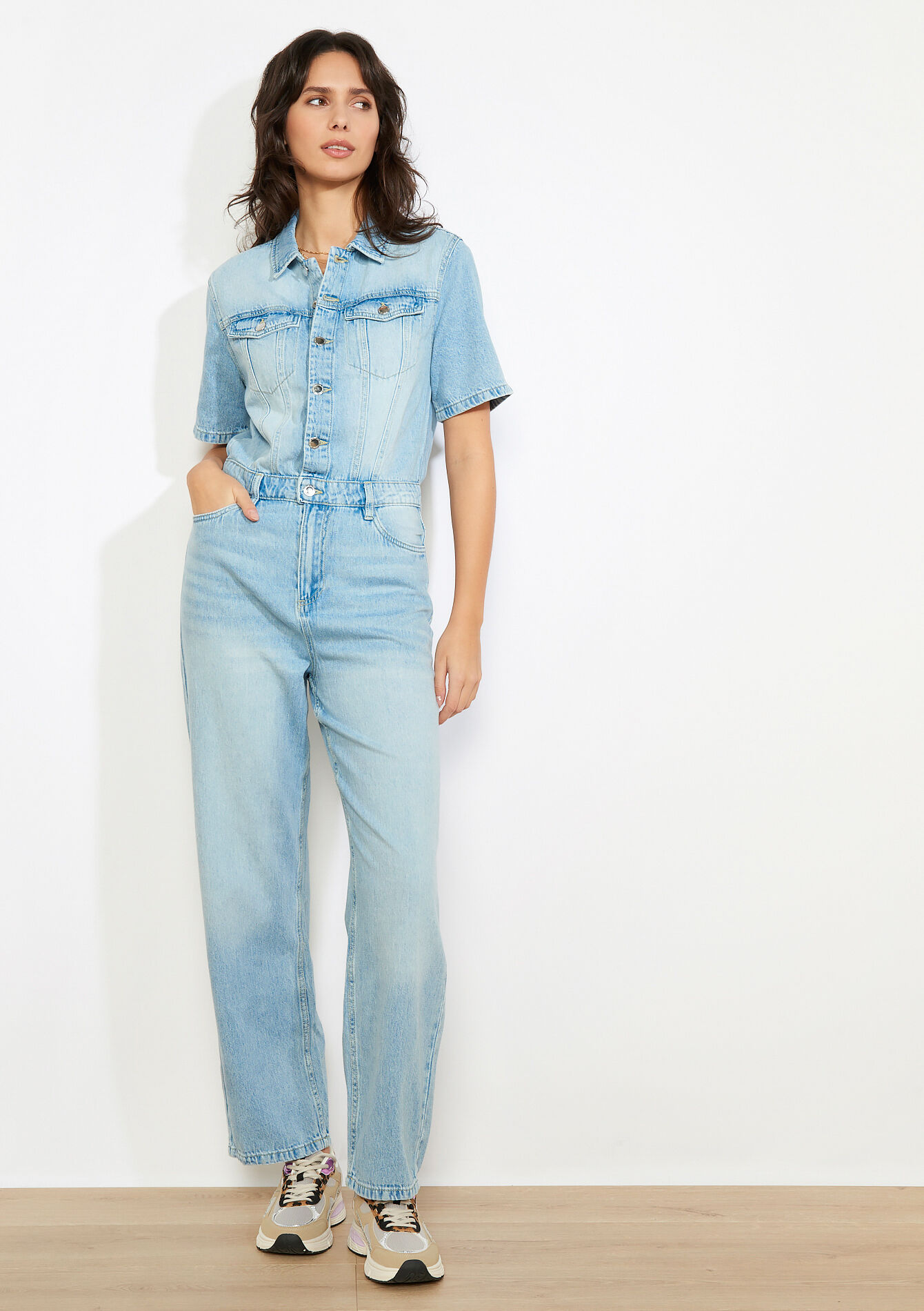 Denim jumpsuit in lichte wassing - BLUE BLEACHED - 22000637_0502