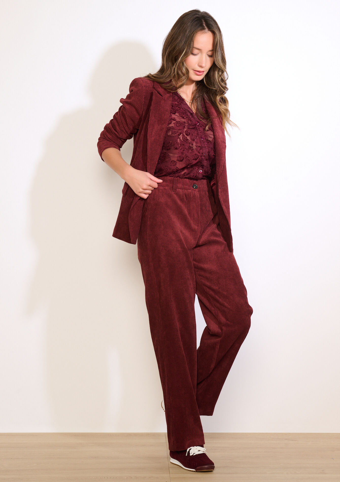 Corduroy broek met elastiek - BORDEAUX WINE - 06100746_5514