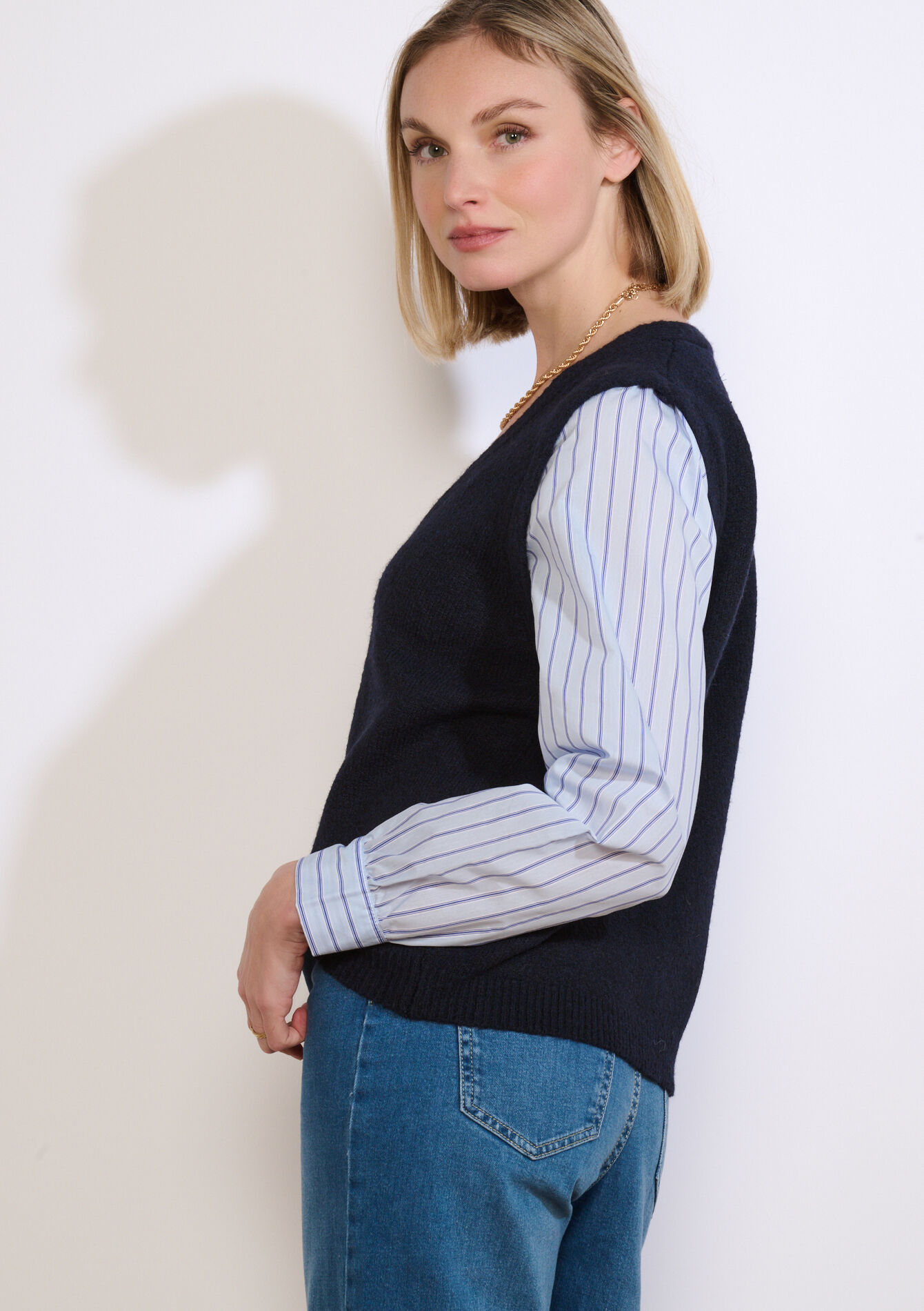 Trui met poplin laagjeslook - NAVY BASIC - 04007167_2723