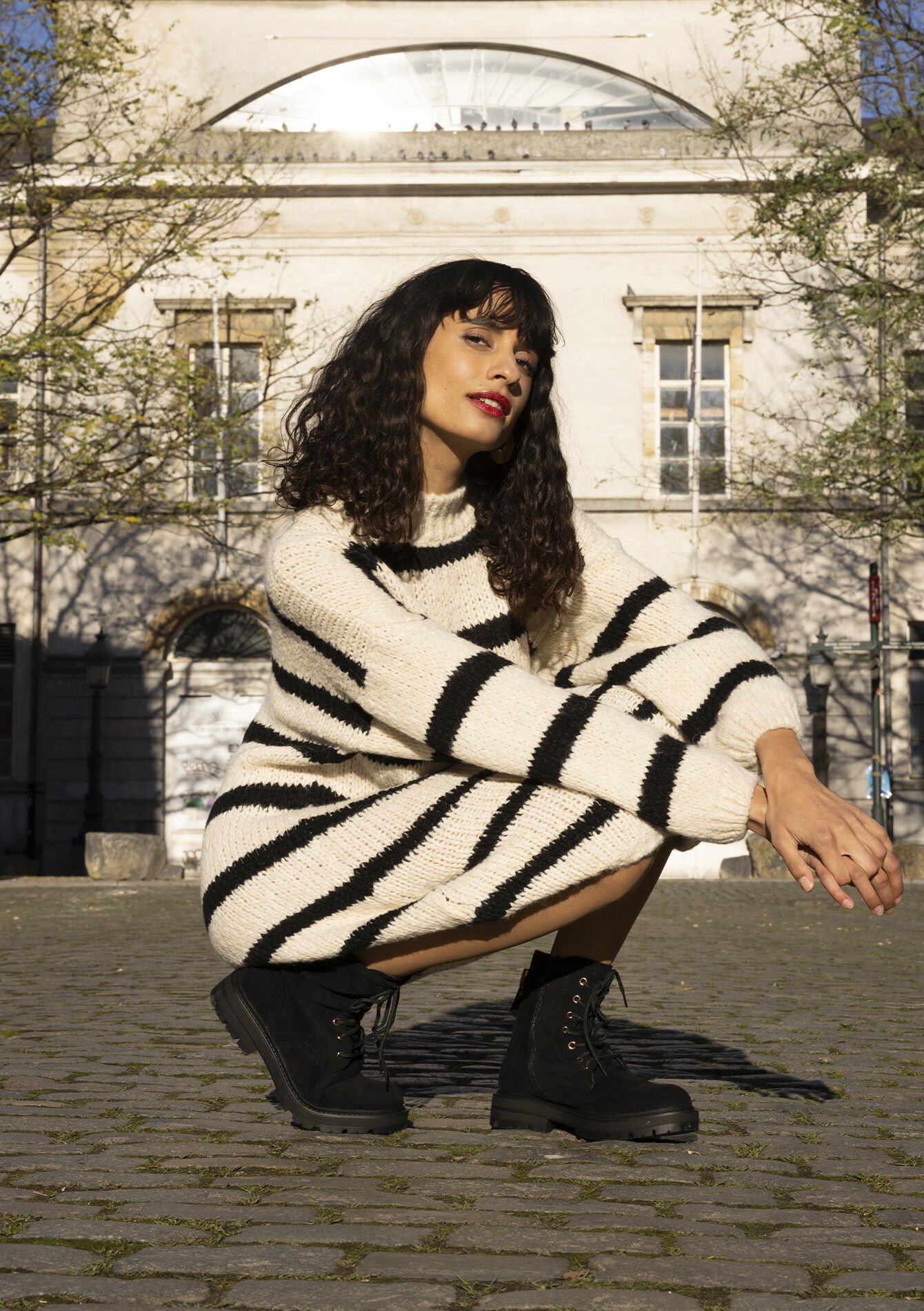 Gebreide jurk met strepen, Gebreide jurk met strepen - VANILLA WHITE - 08103485