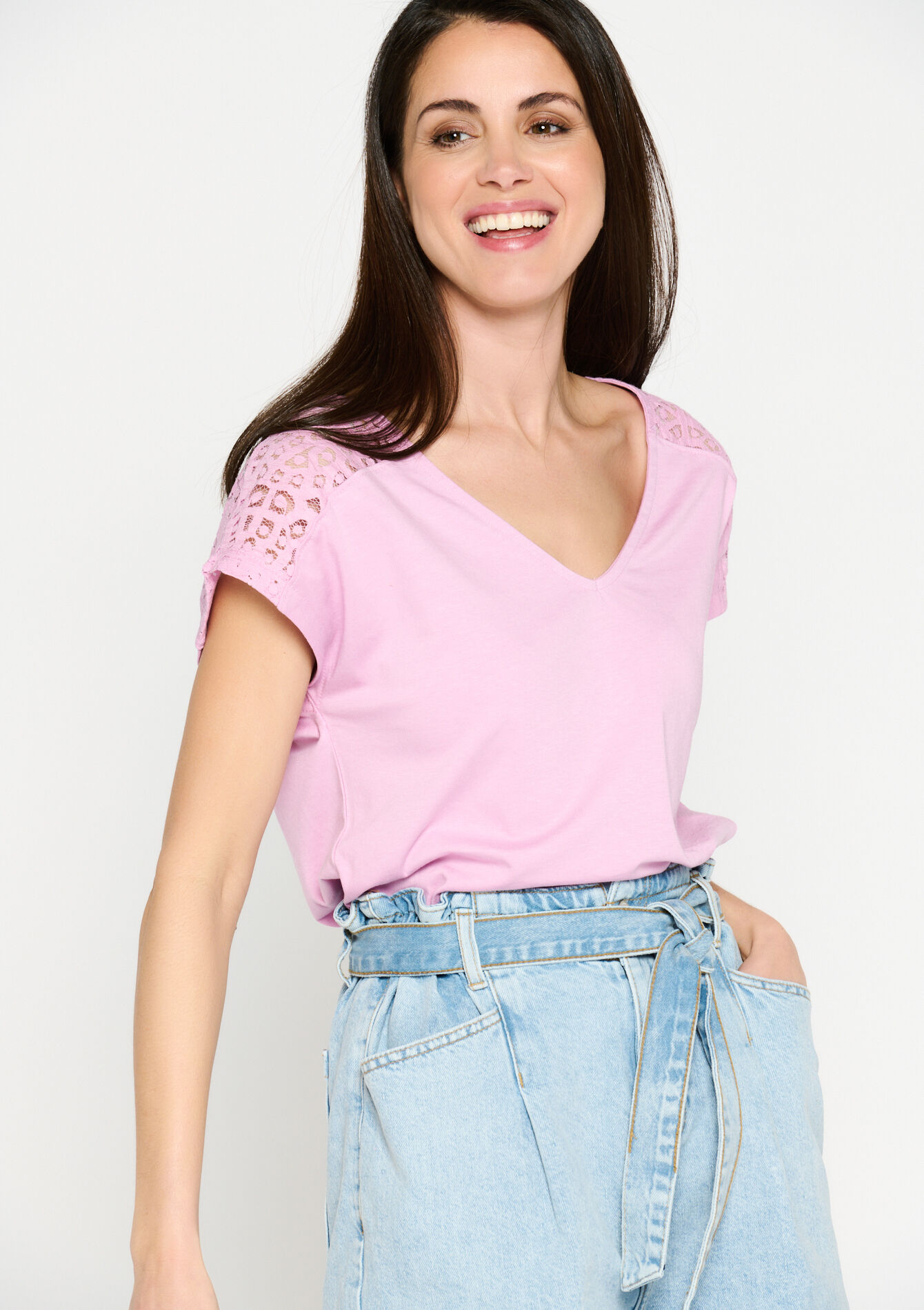 T-shirt à col V - LILAC BRIGHT - 02301341_2578