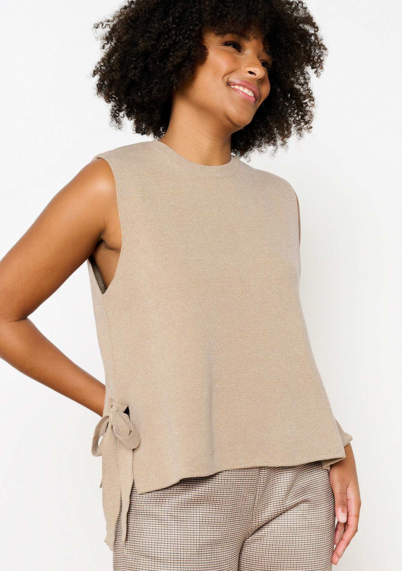 Mouwloze trui met strikjes, Mouwloze trui met strikjes - TAUPE - 04006865_1021