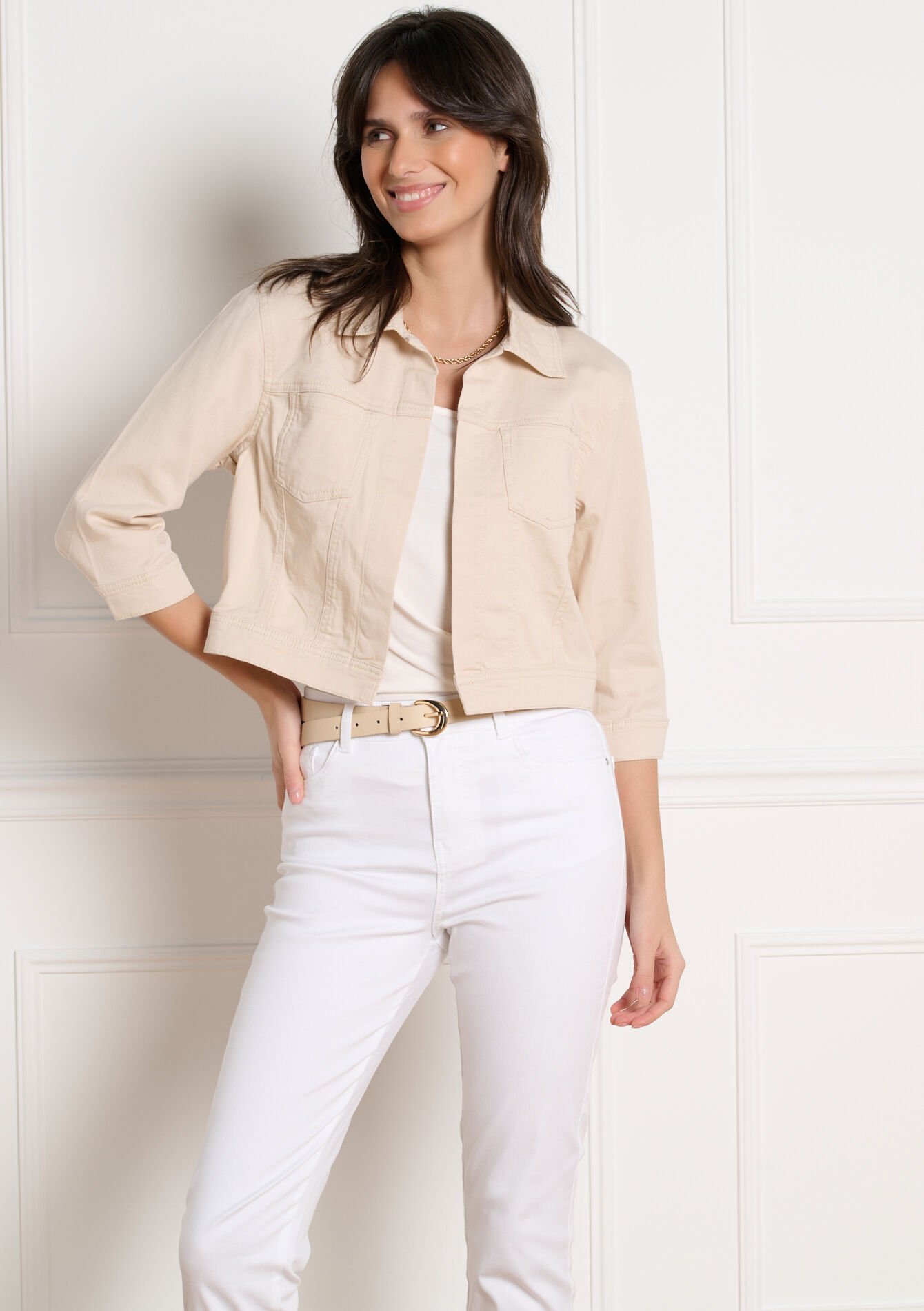 Cropped cotton twill jacket - LT BEIGE - 09101123_2527