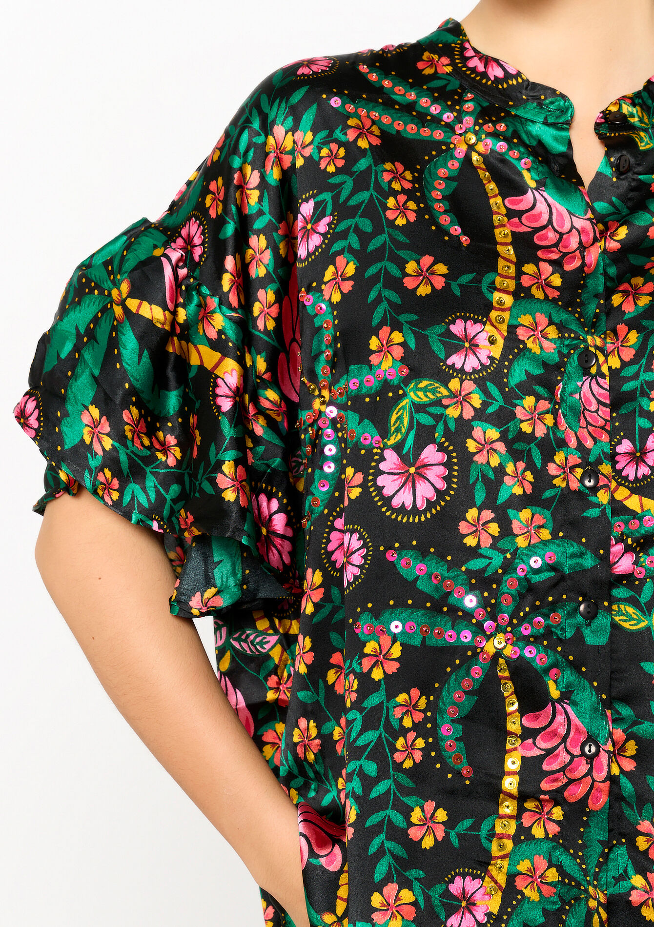 Blouse met tropische print en pailletten, Blouse met tropische print en pailletten - BLACK - 05702444_1119