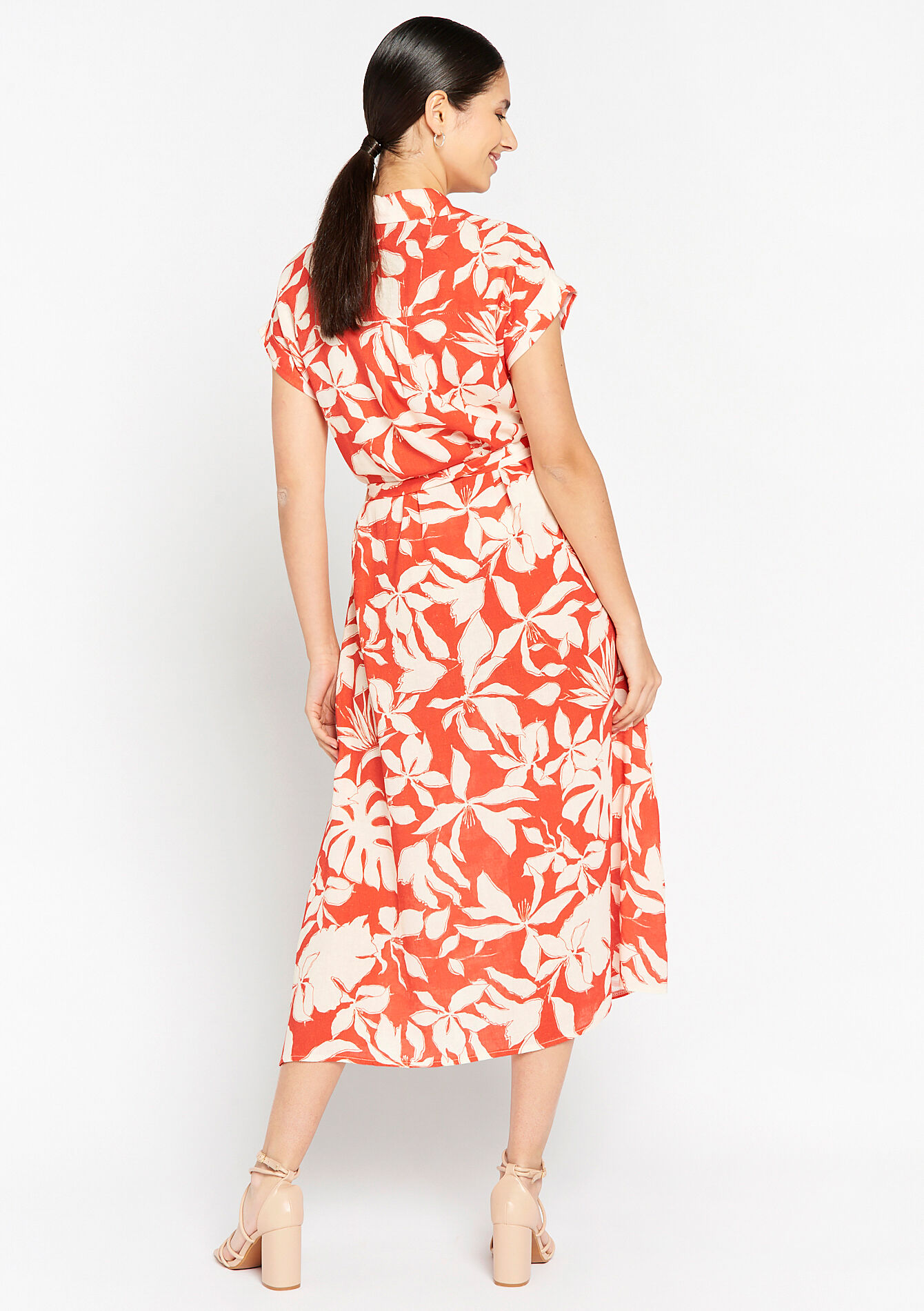 Linnen jurk met tropische print, Linnen jurk met tropische print - ORANGE BRIGHT - 08602000