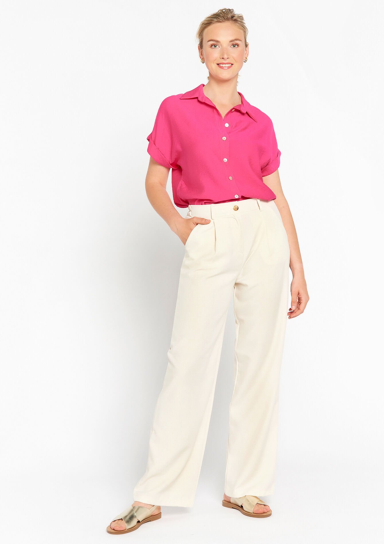 Wide trousers with linen look, Wide trousers with linen look - LT BEIGE - 06600764_2527